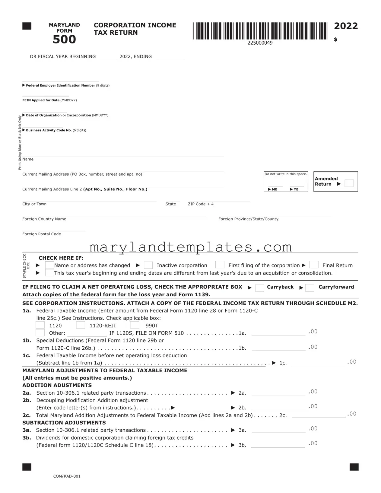 Printable Maryland 500 Template