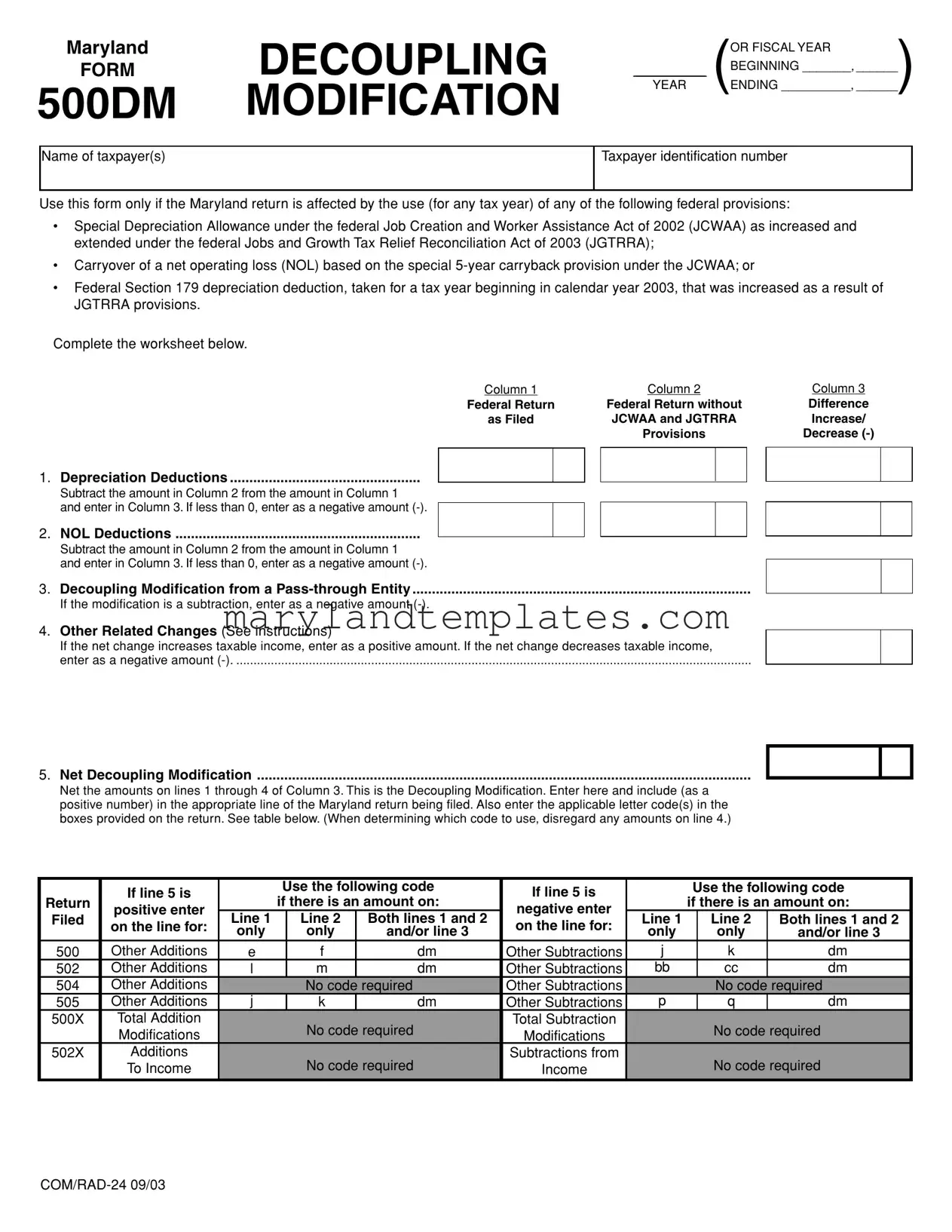 Printable Maryland 500Dm Template