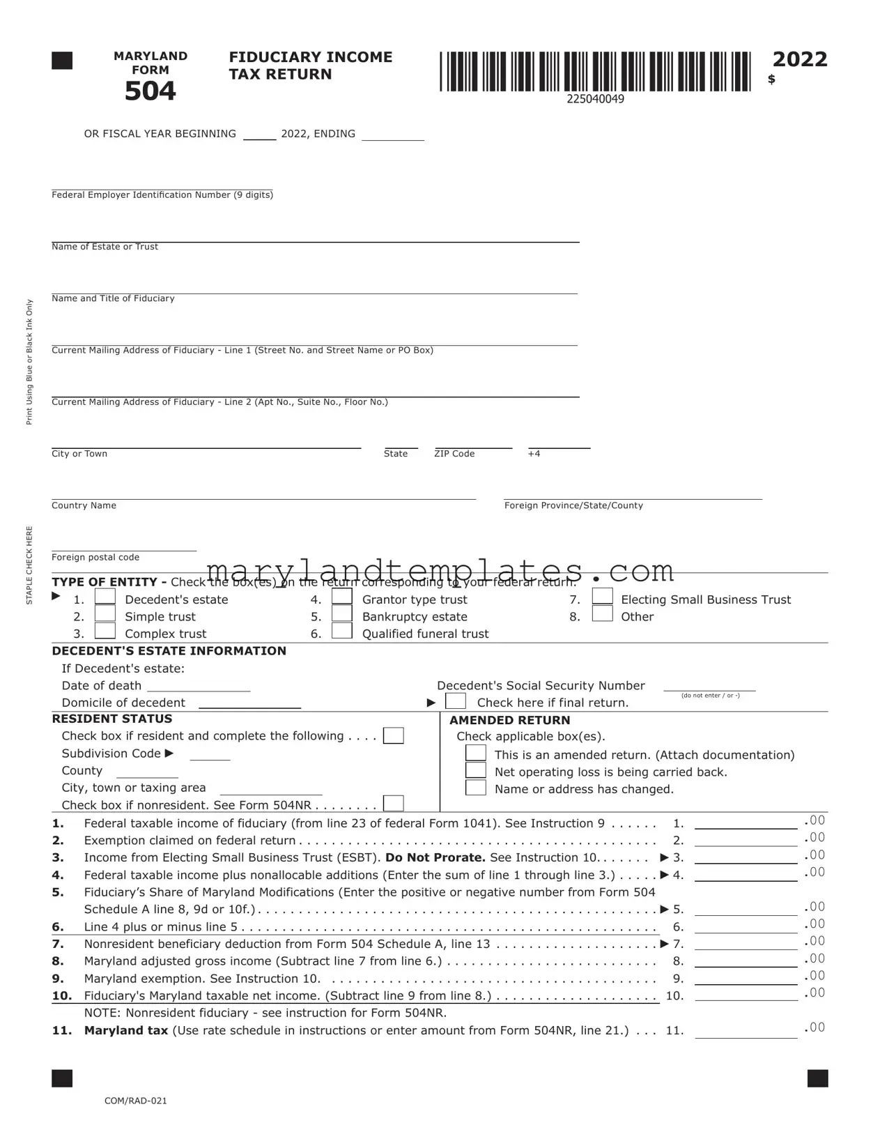 Printable Maryland 504 Template