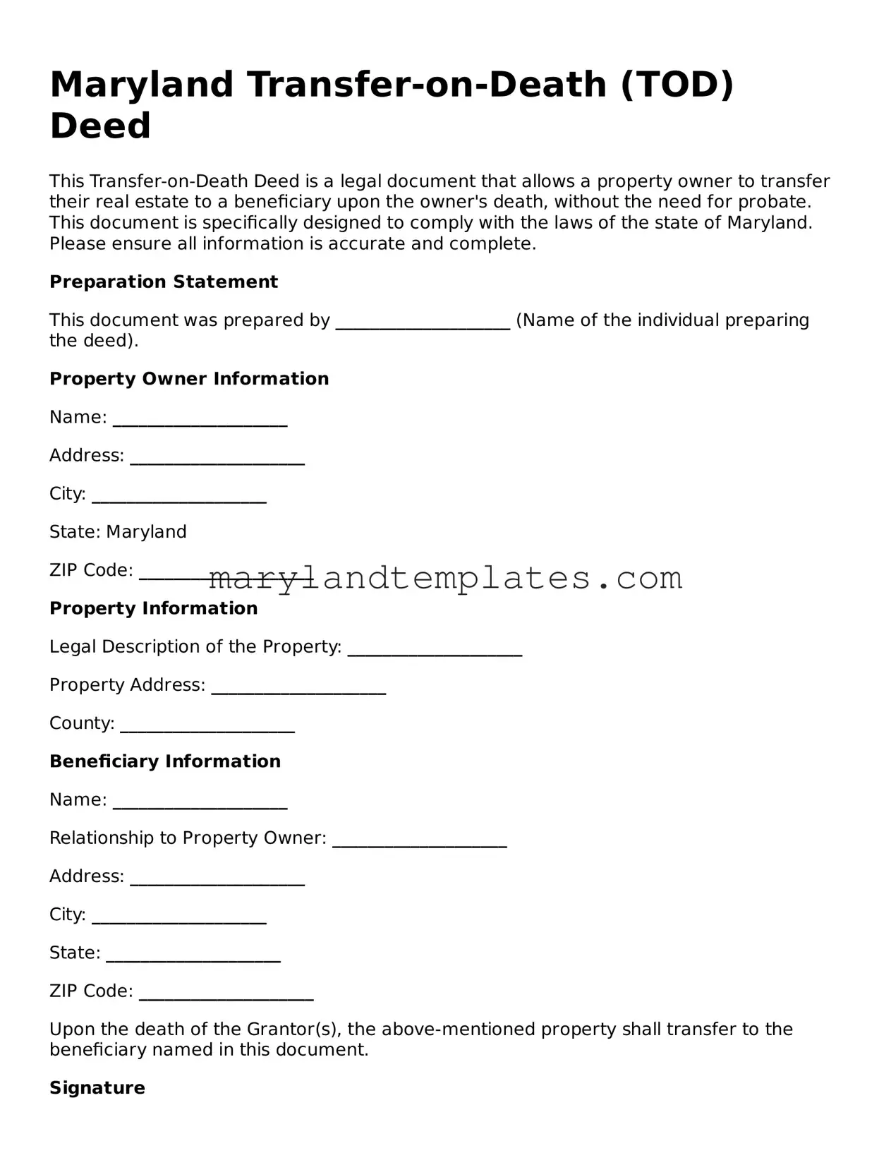Fillable Maryland Transfer-on-Death Deed Template