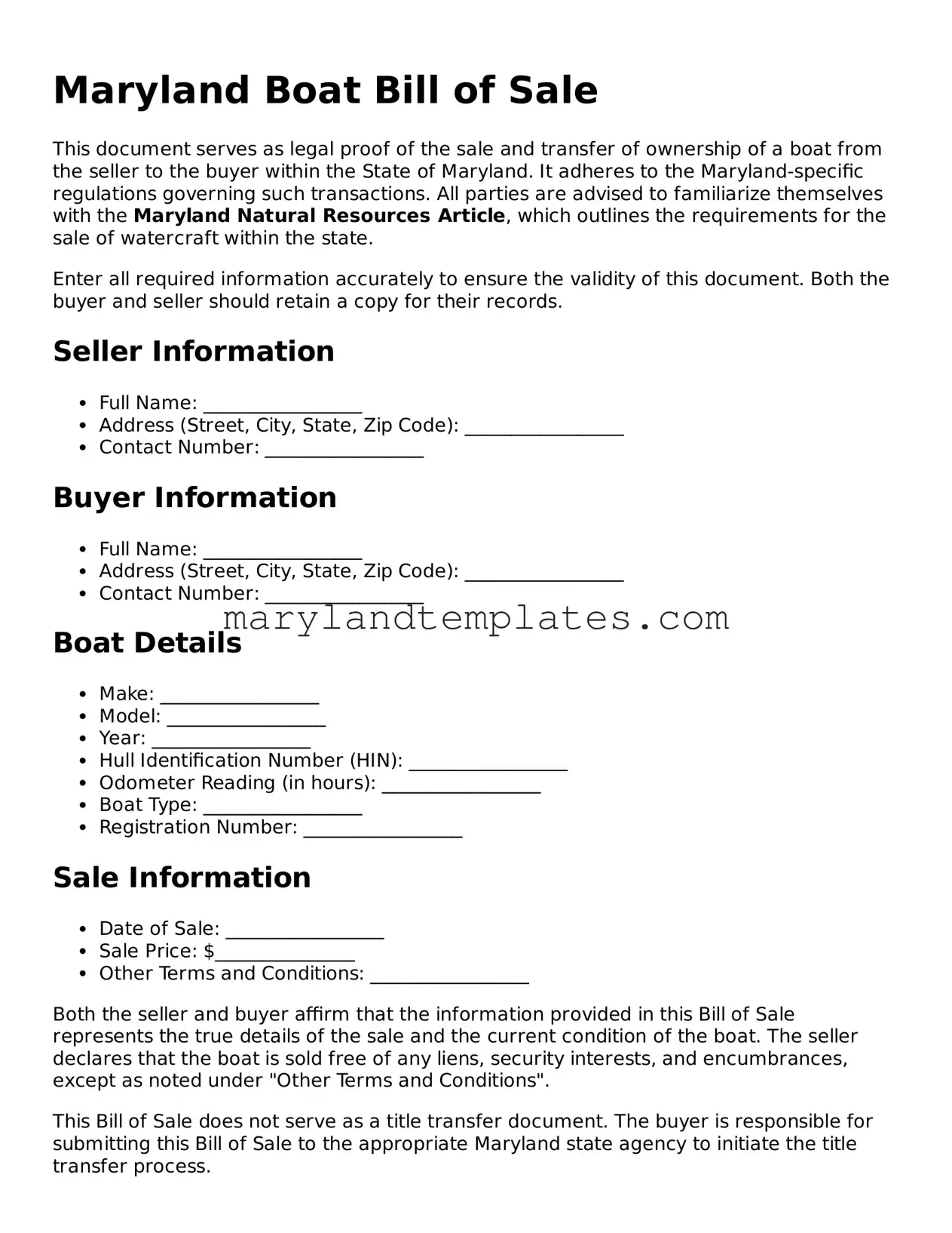 Fillable Maryland Boat Bill of Sale Template