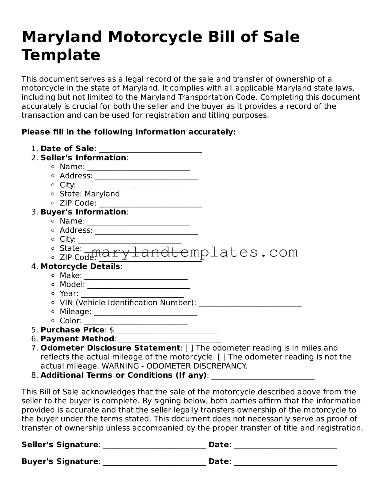 Fillable Maryland Motorcycle Bill of Sale Template