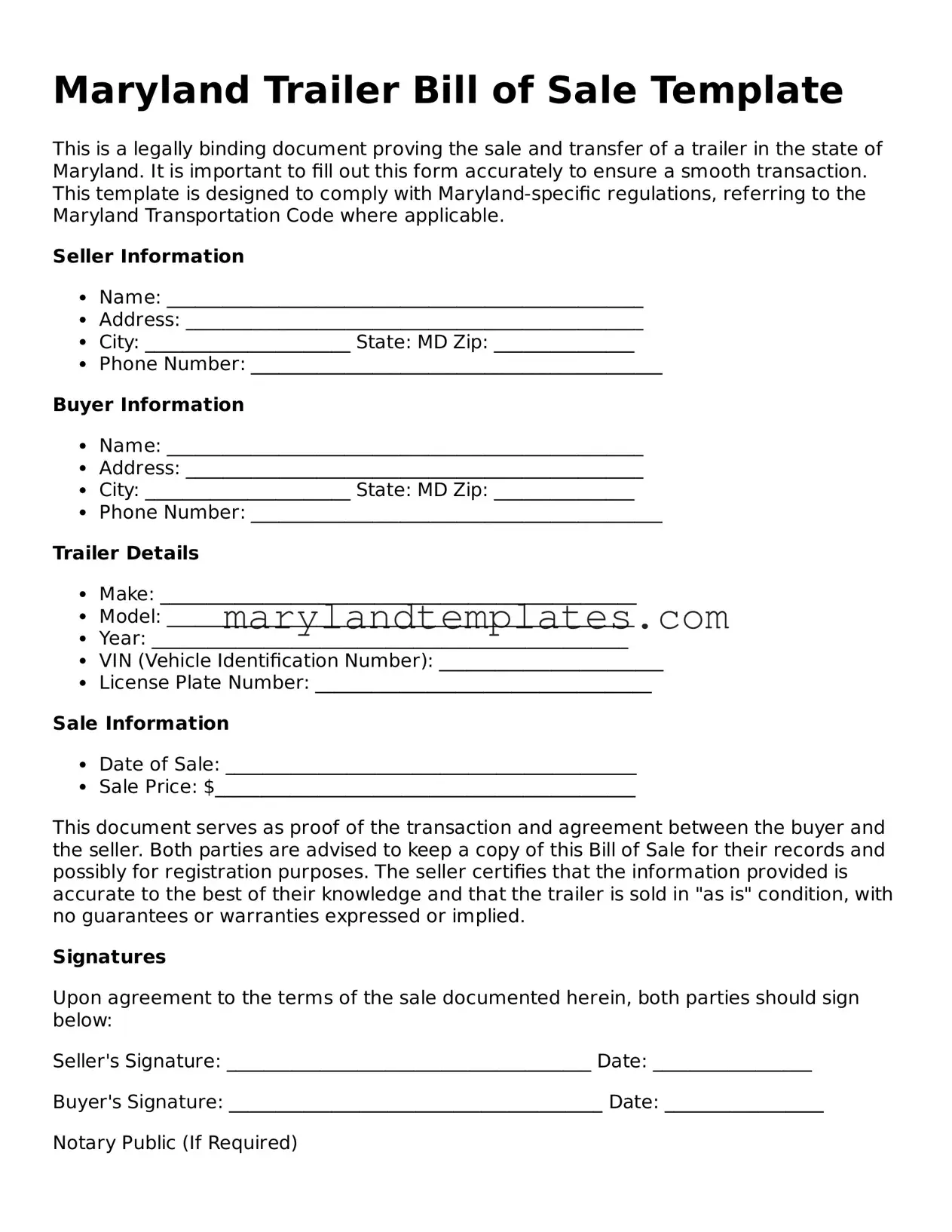 Fillable Maryland Trailer Bill of Sale Template