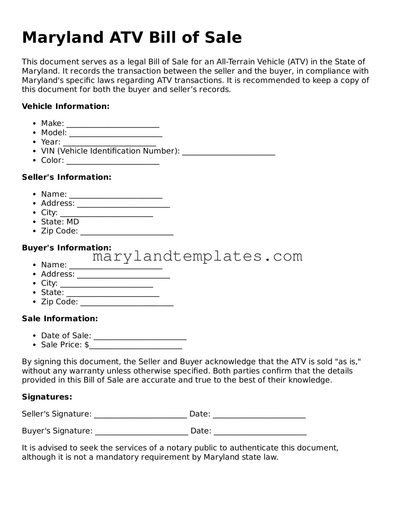 Fillable Maryland ATV Bill of Sale Template