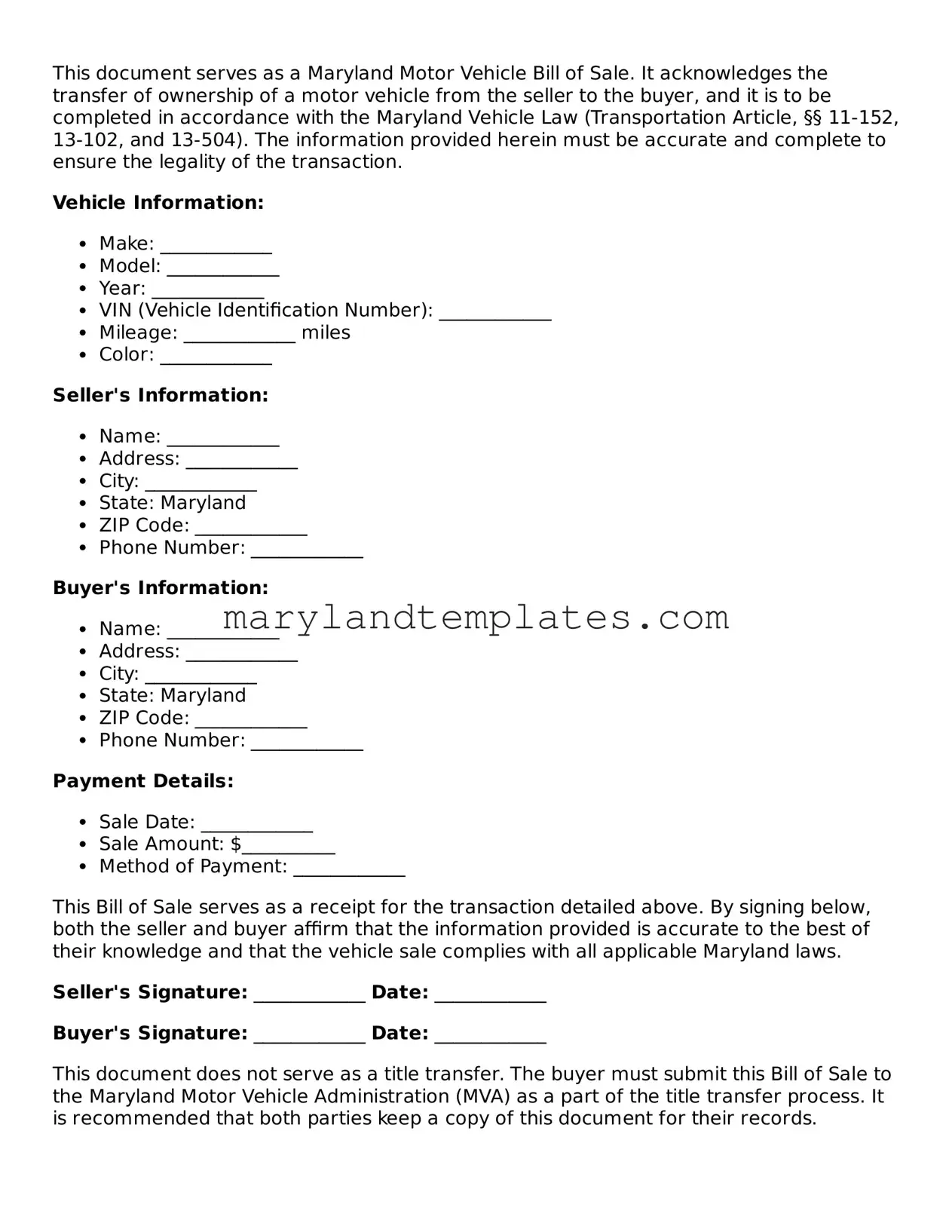 Fillable Maryland Motor Vehicle Bill of Sale Template