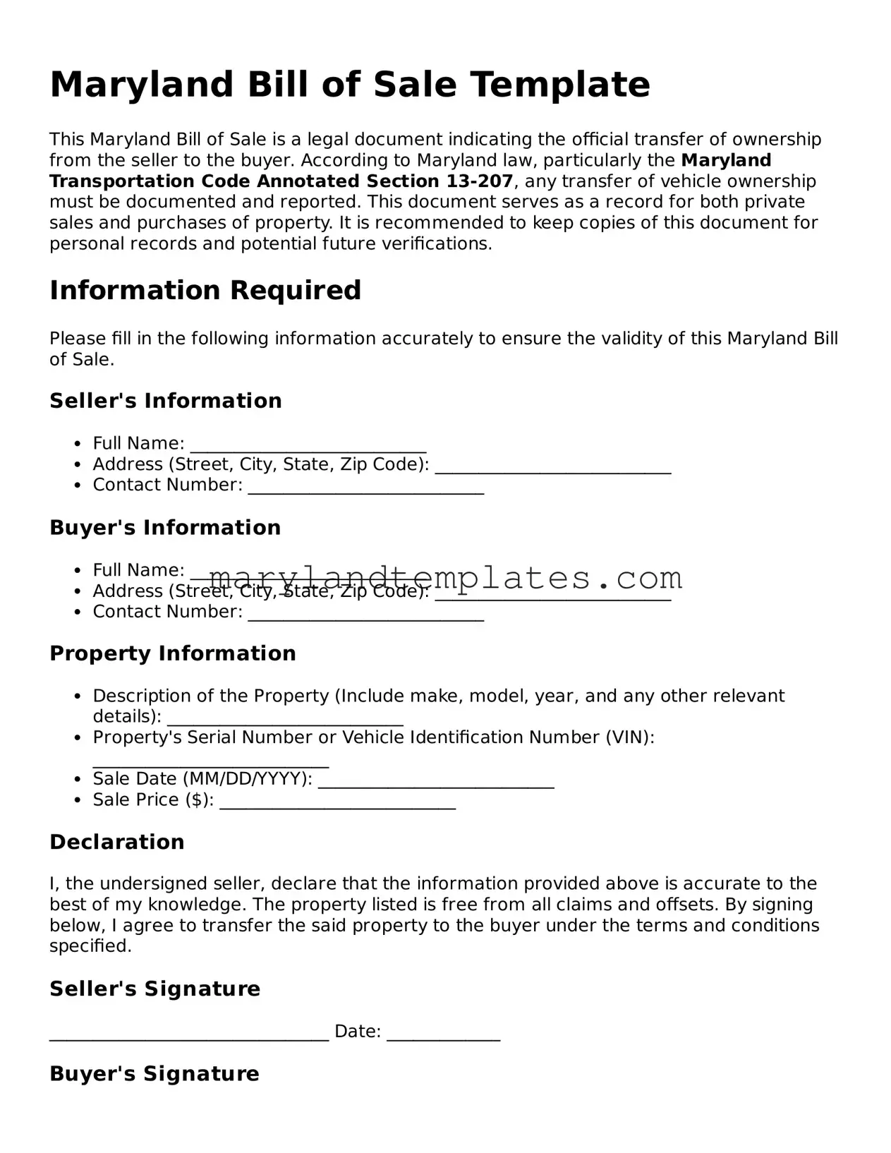 Fillable Maryland Bill of Sale Template