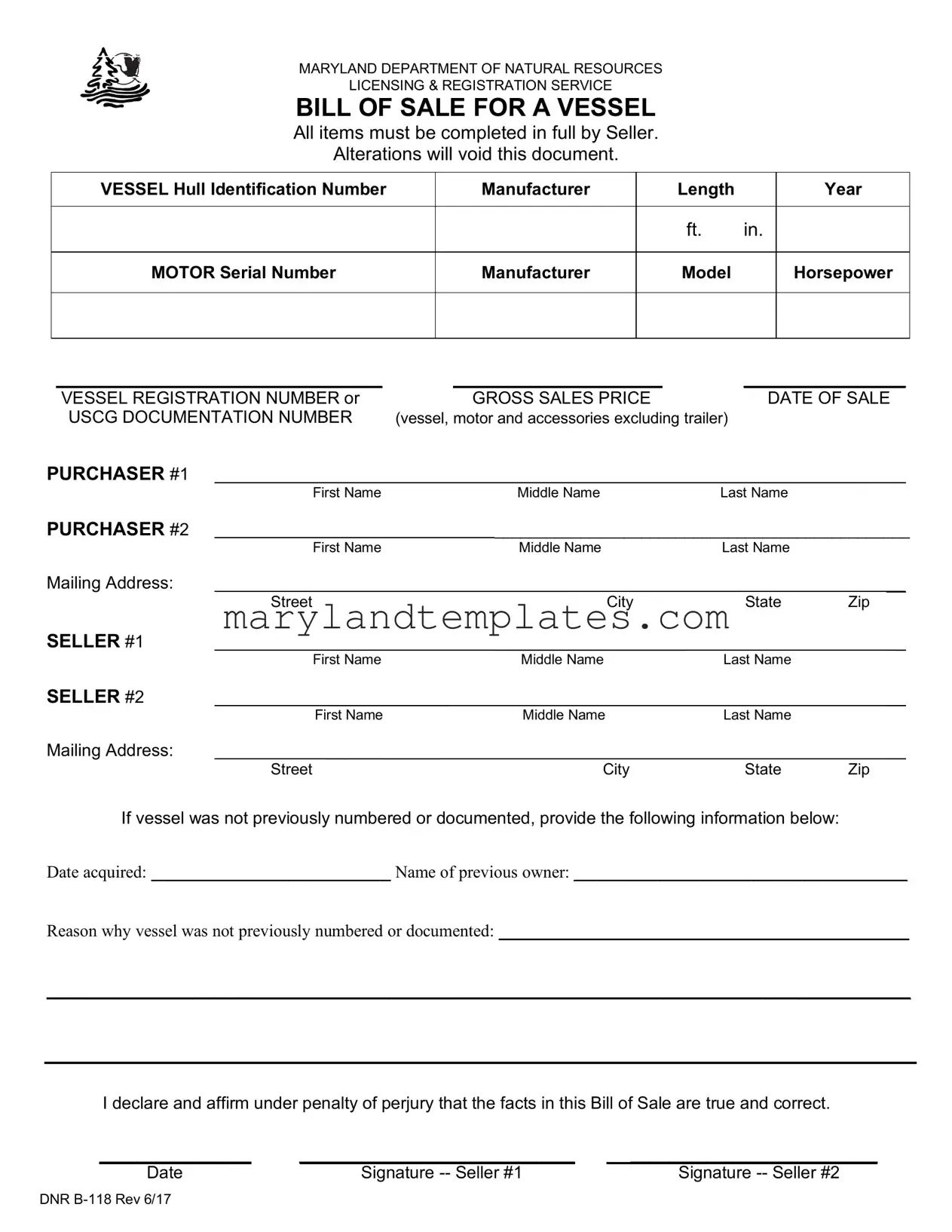 Printable Maryland Boat Bill of Sale DNR B-118 Template