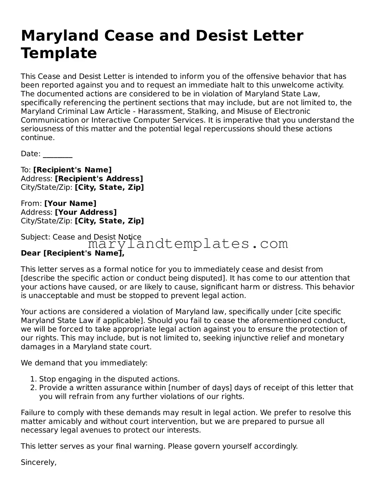 Fillable Maryland Cease and Desist Letter Template