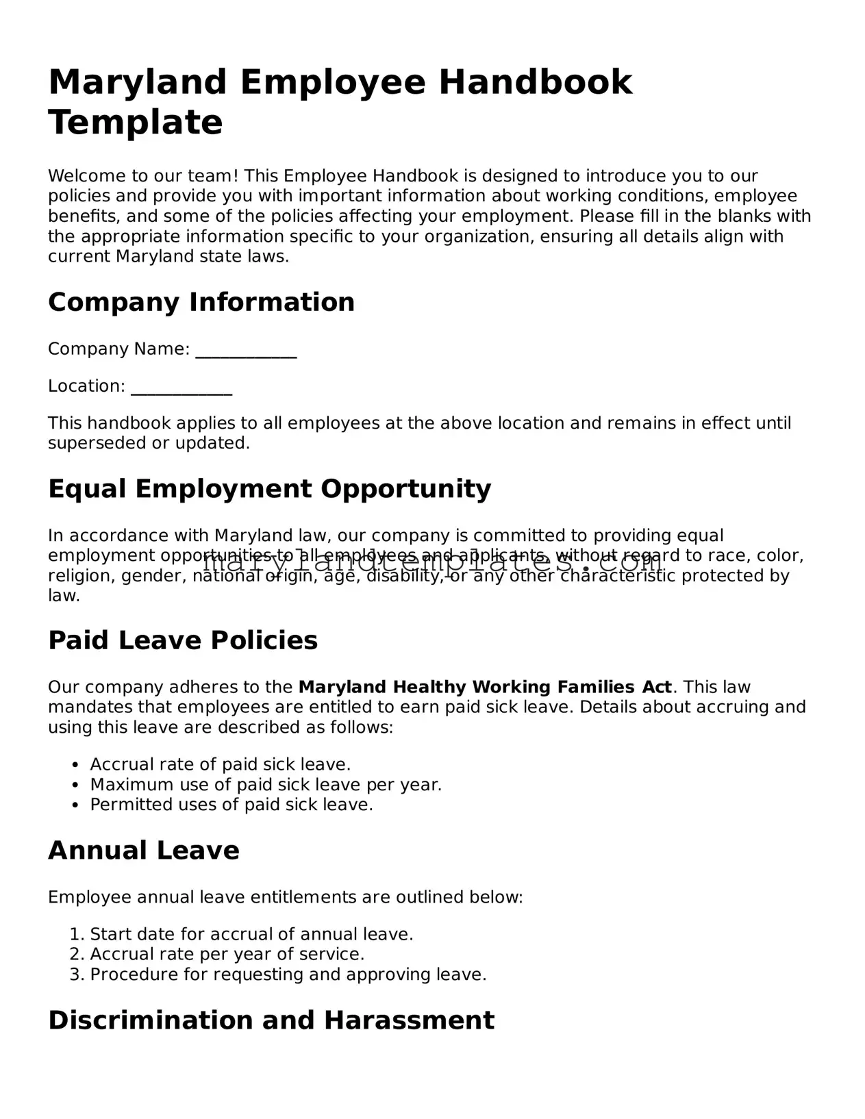 Fillable Maryland Employee Handbook Template
