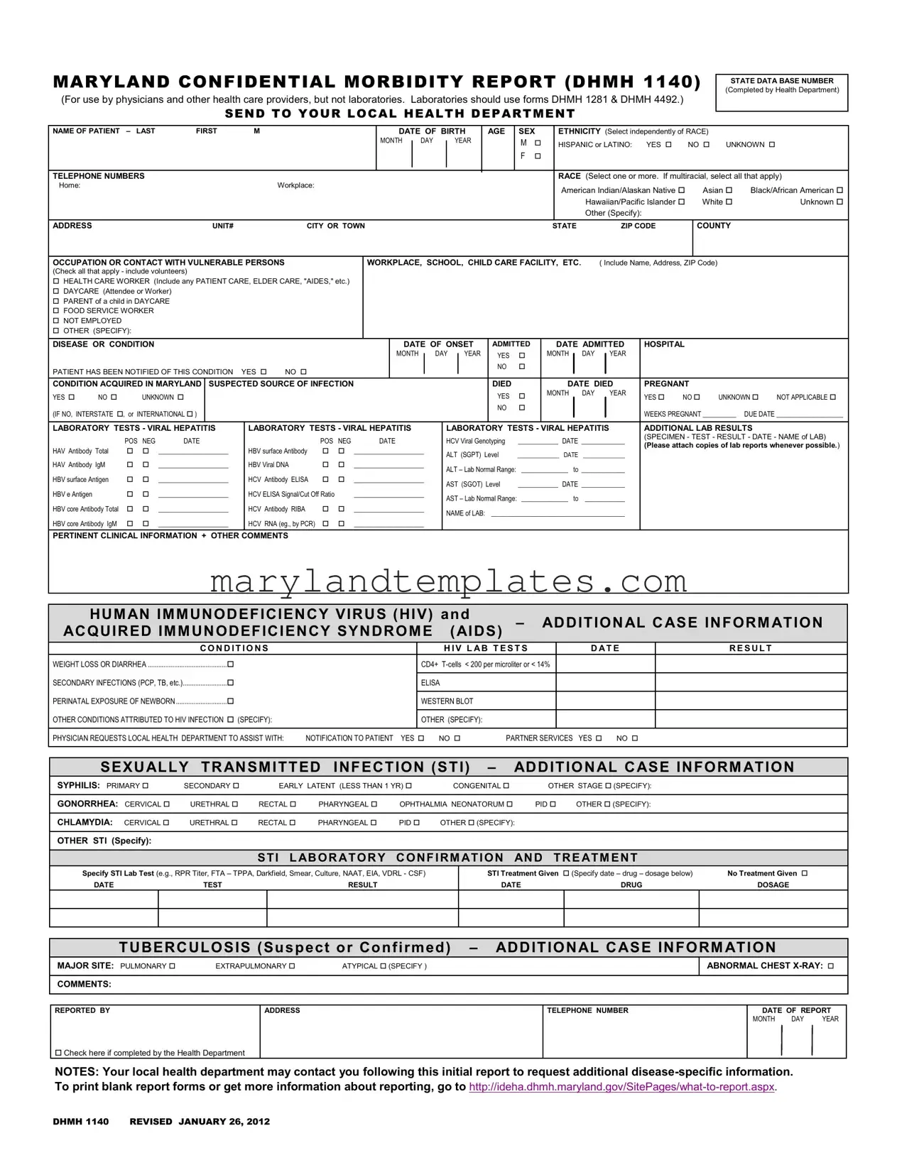 Printable Maryland Confidential Morbidity Report Template