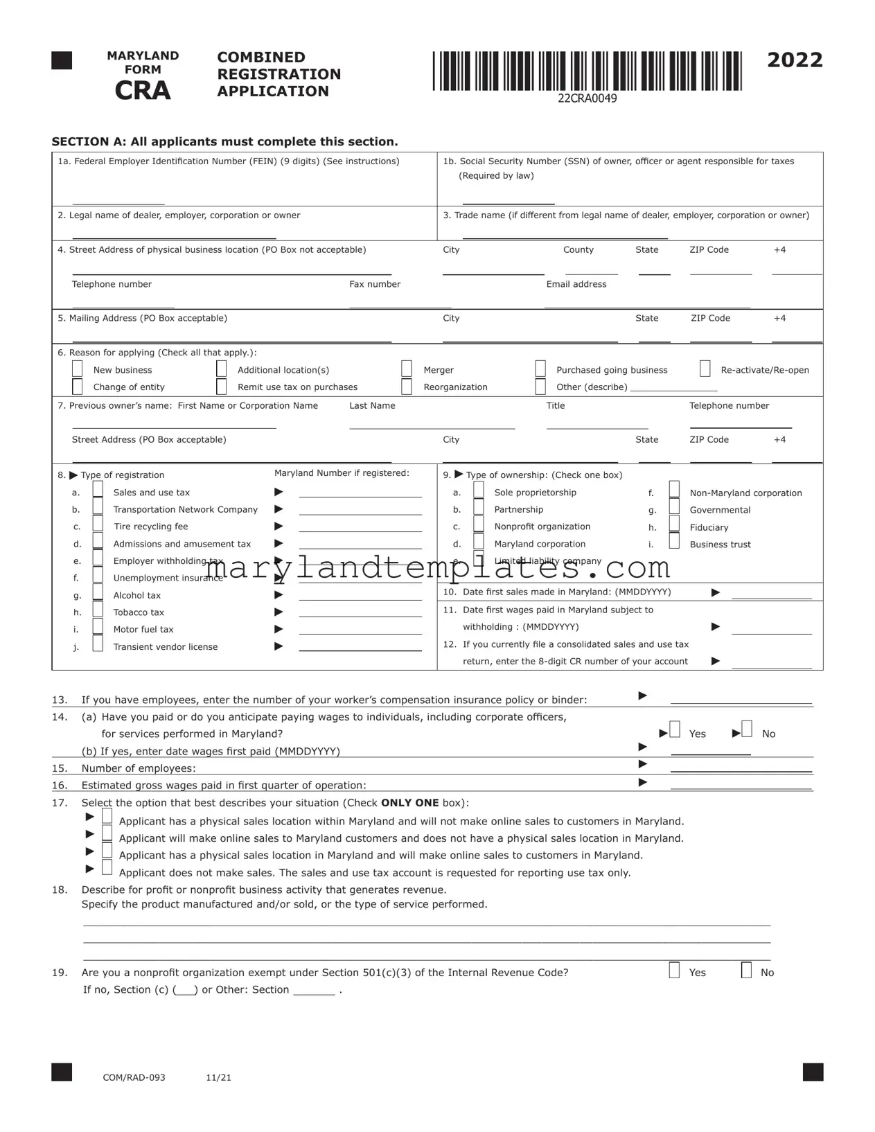 Printable Maryland Cra Template
