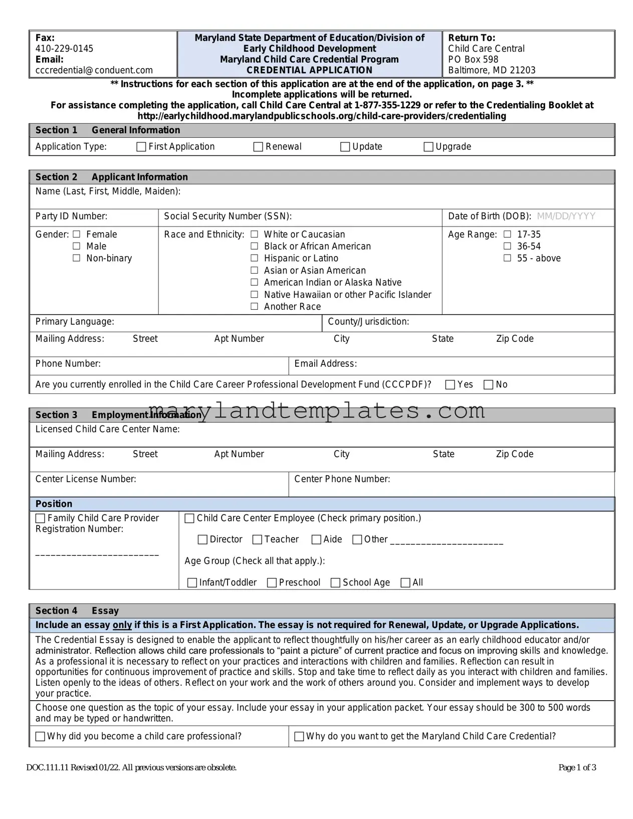 Printable Maryland Credentialing Application Template