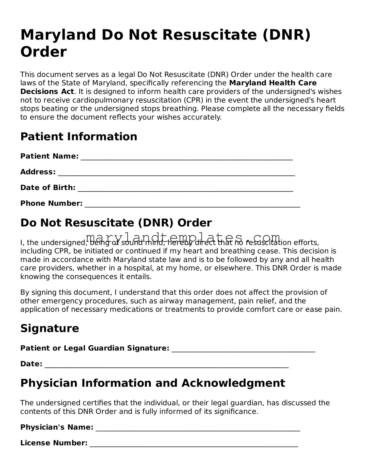Fillable Maryland Do Not Resuscitate Order Template