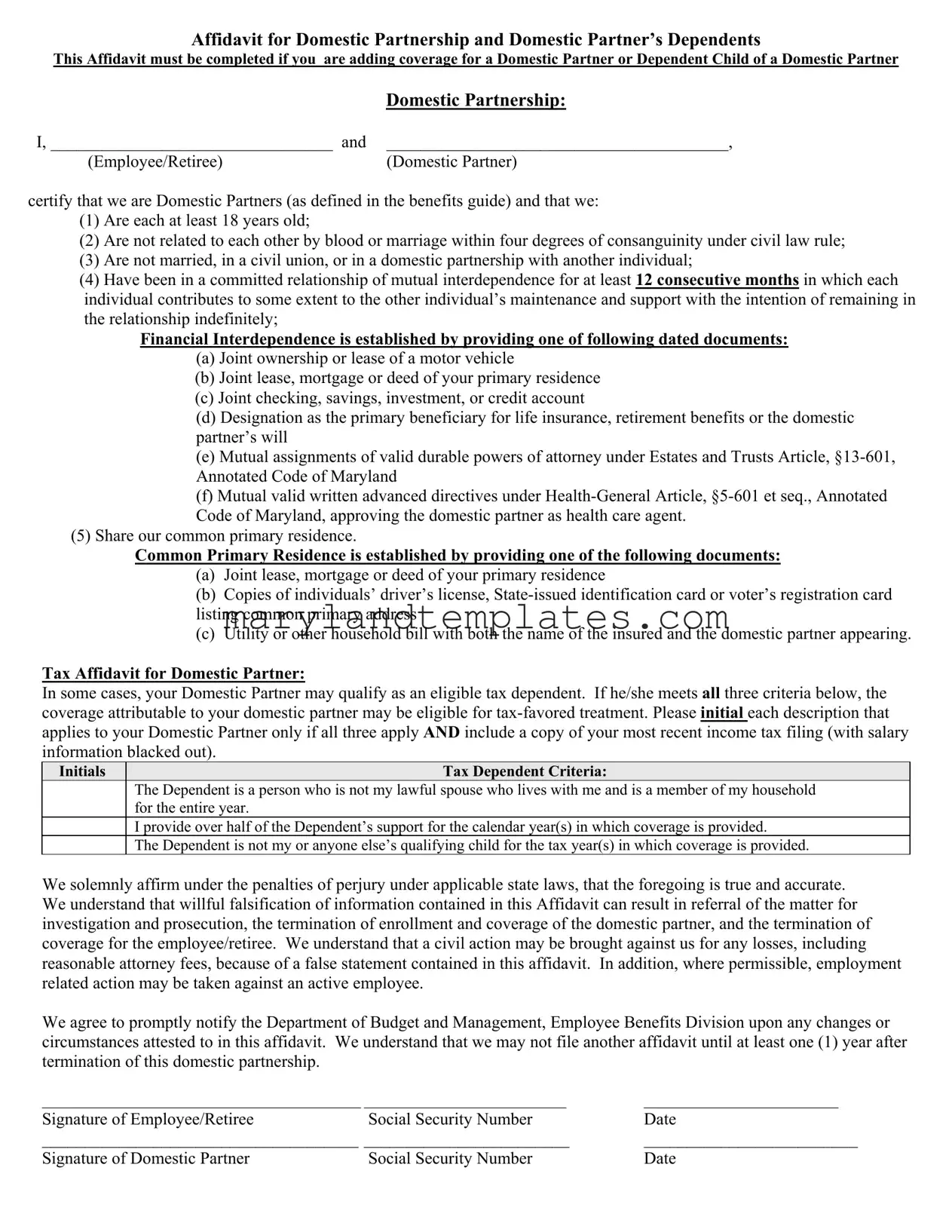 Printable Maryland Domestic Partnership Template
