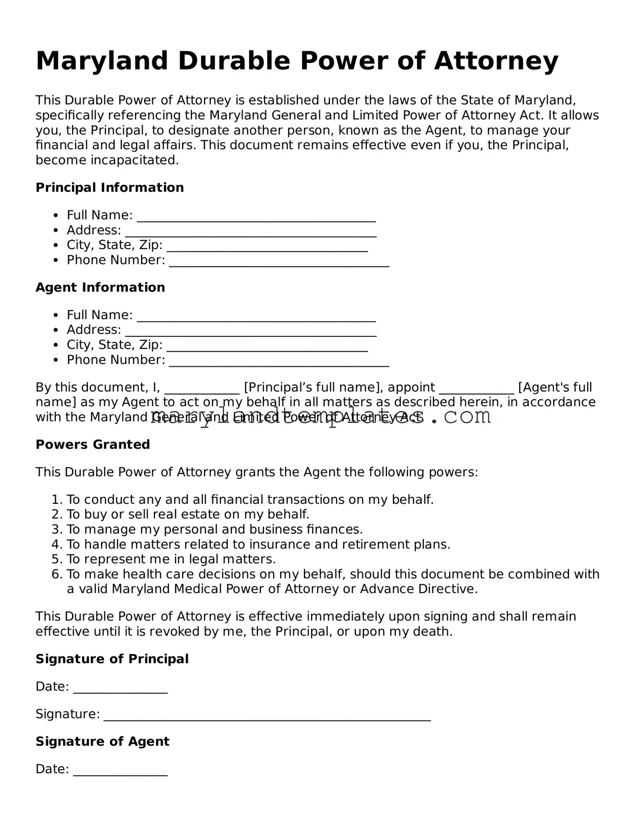 Fillable Maryland Durable Power of Attorney Template