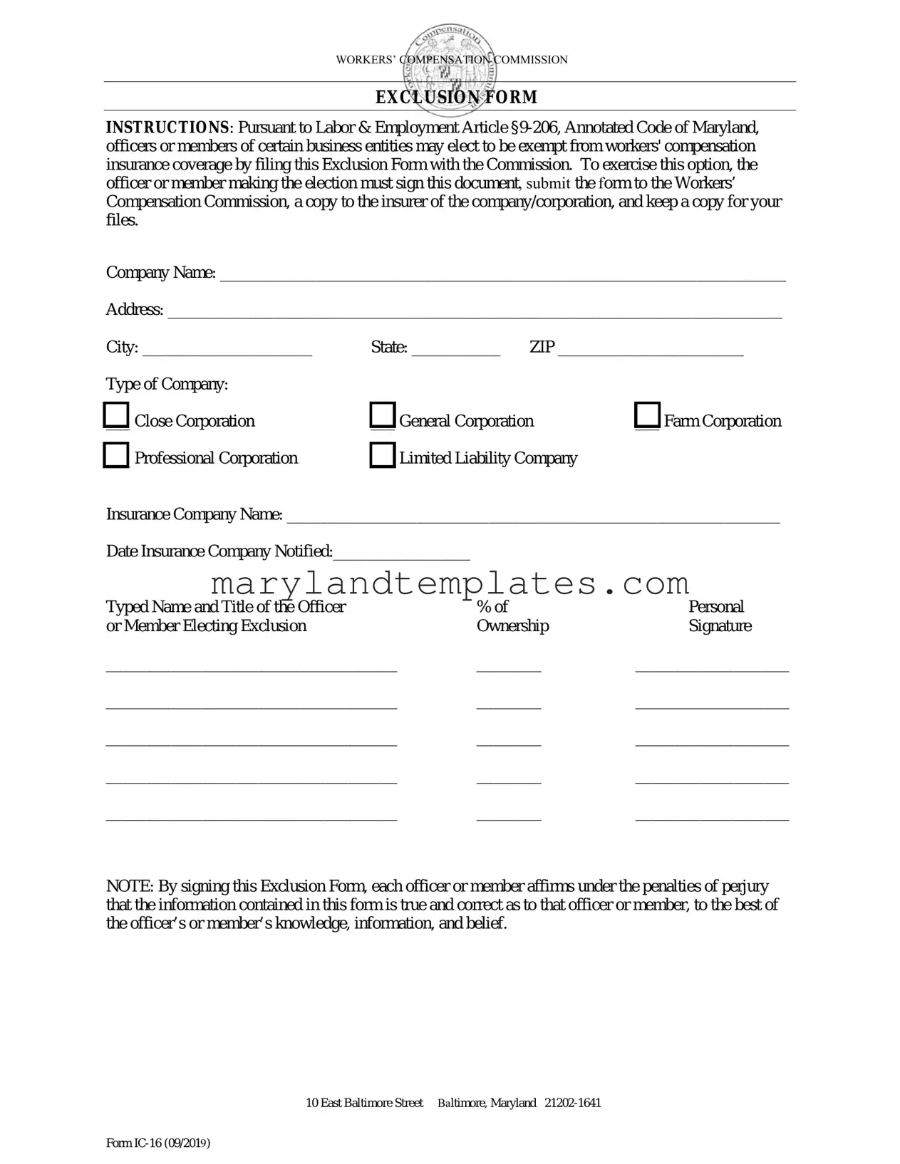 Printable Maryland Exclusion Template