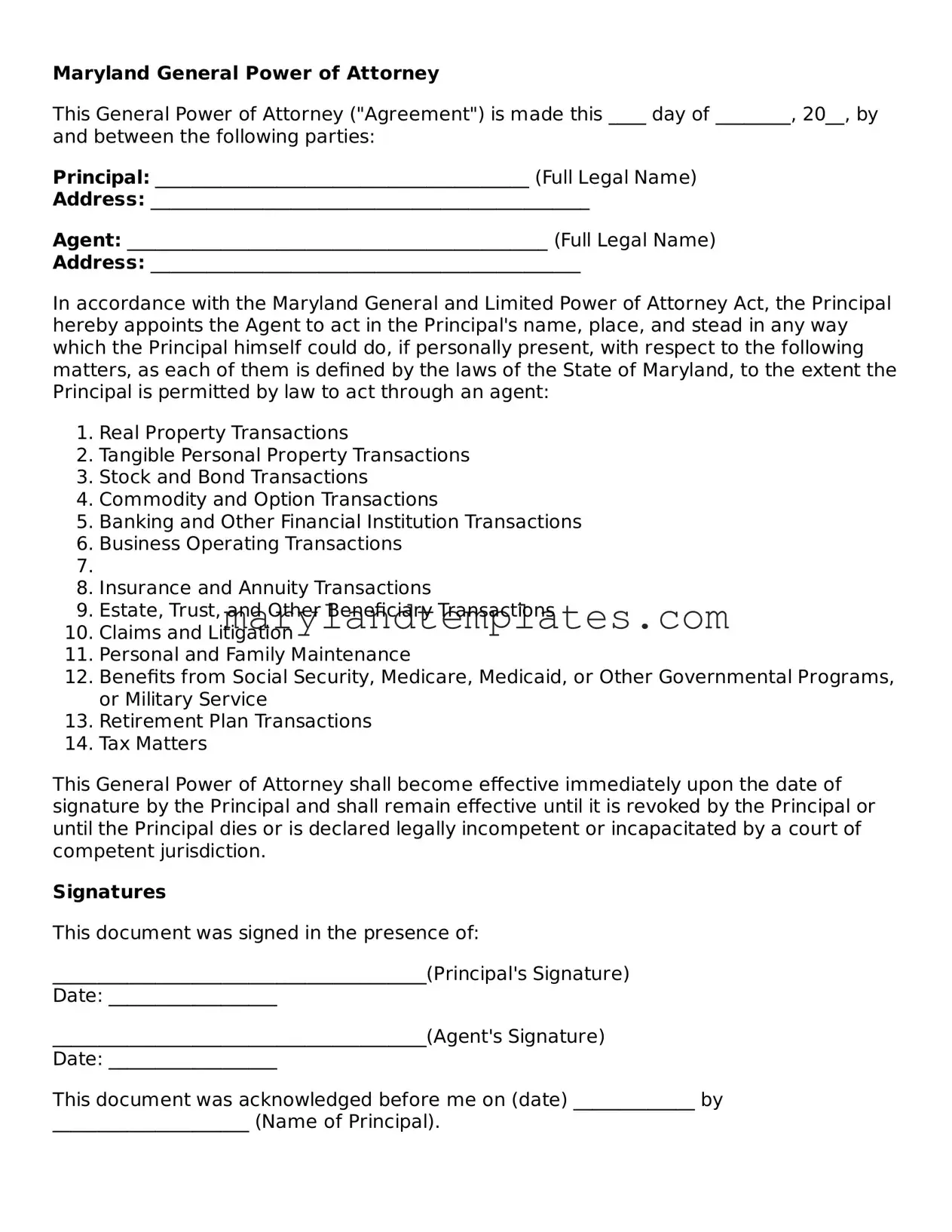 Fillable Maryland General Power of Attorney Template