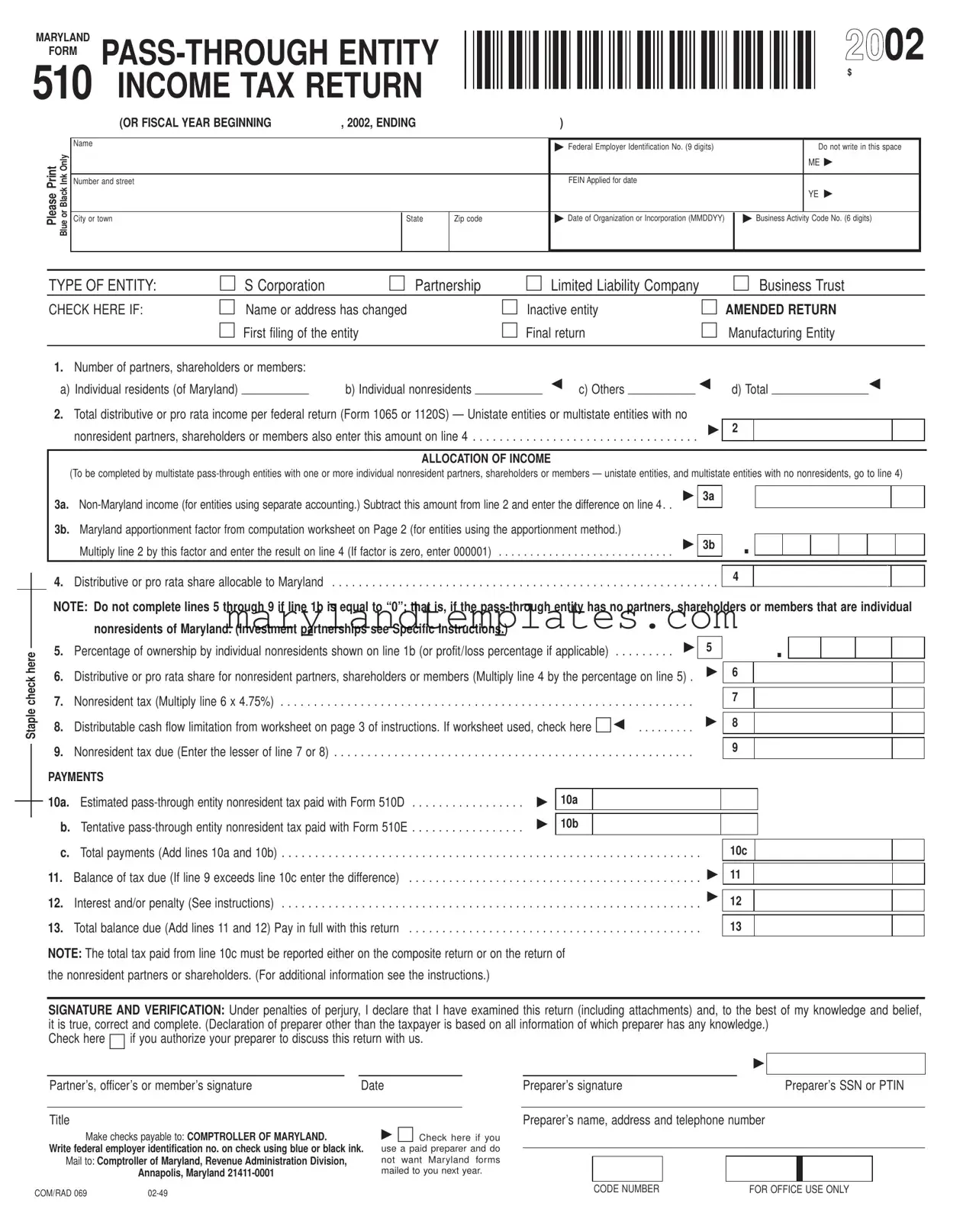 Printable Maryland Frorm 510 Template