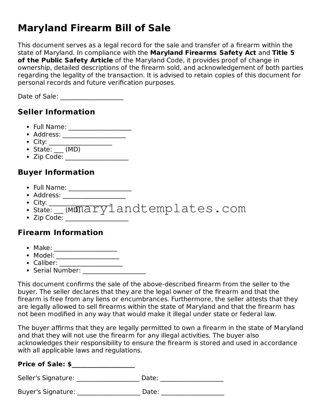 Fillable Maryland Firearm Bill of Sale Template