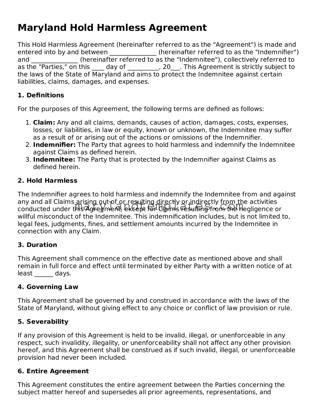 Fillable Maryland Hold Harmless Agreement Template