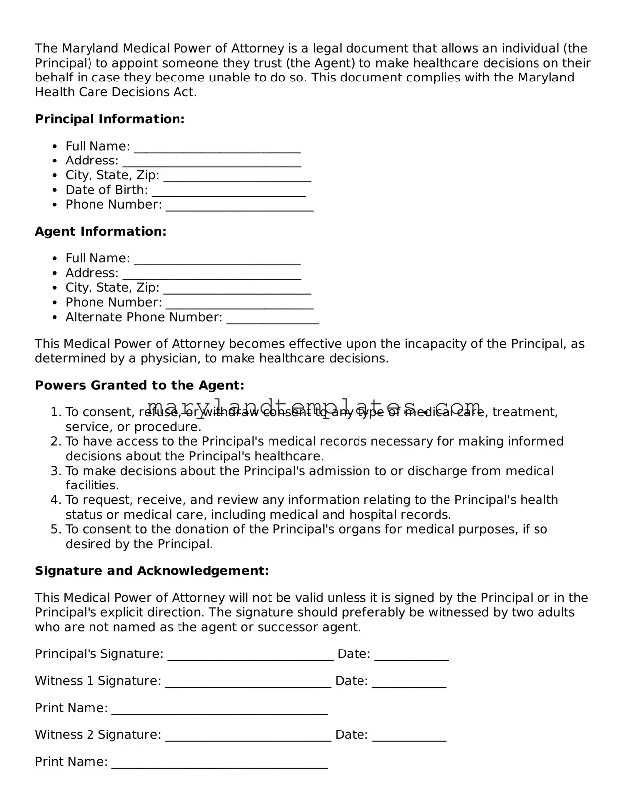 Fillable Maryland Medical Power of Attorney Template