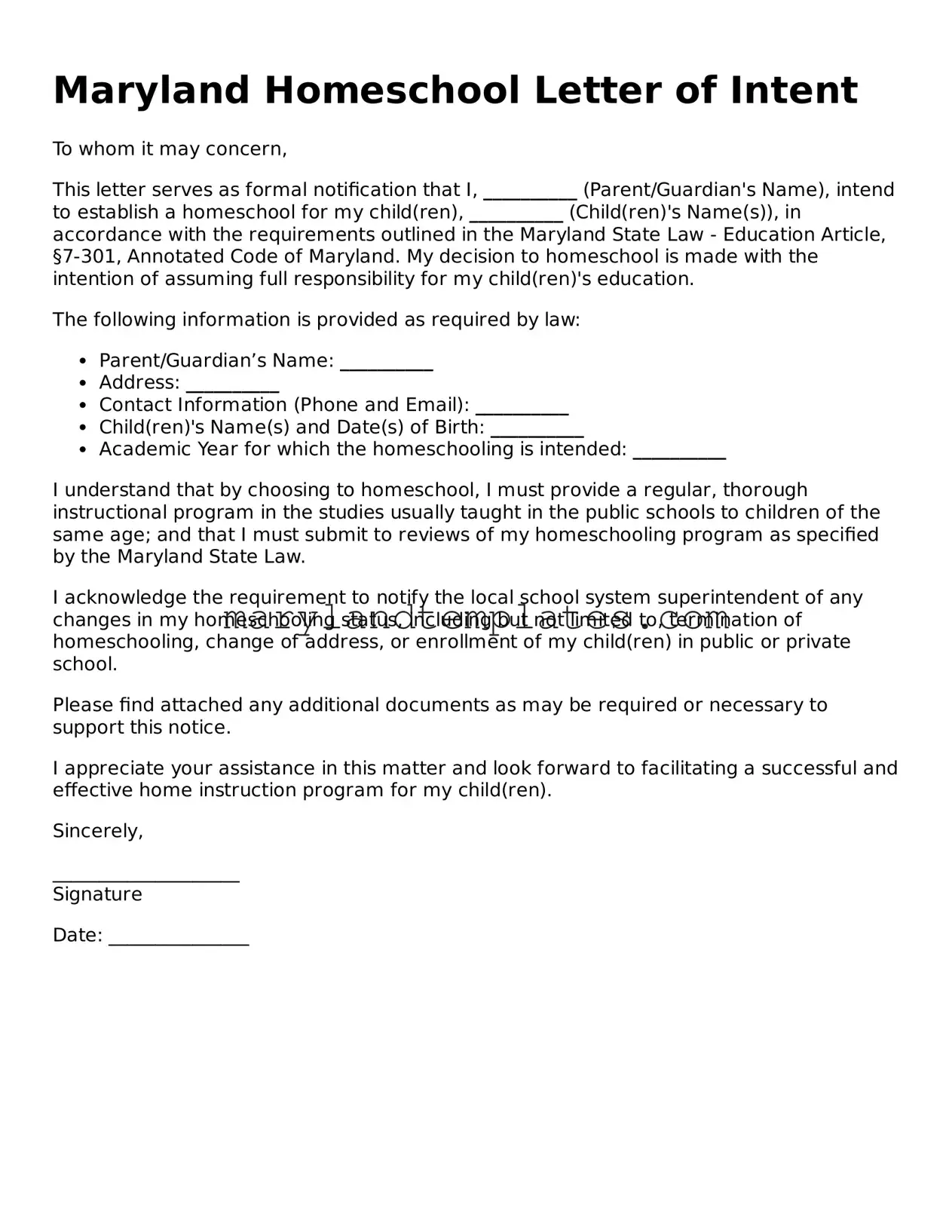 Fillable Maryland Homeschool Letter of Intent Template