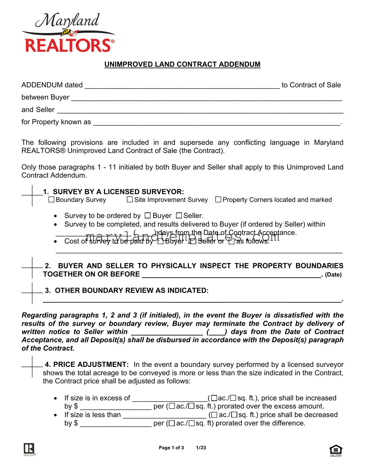 Printable Maryland Land Contract Addendum Template