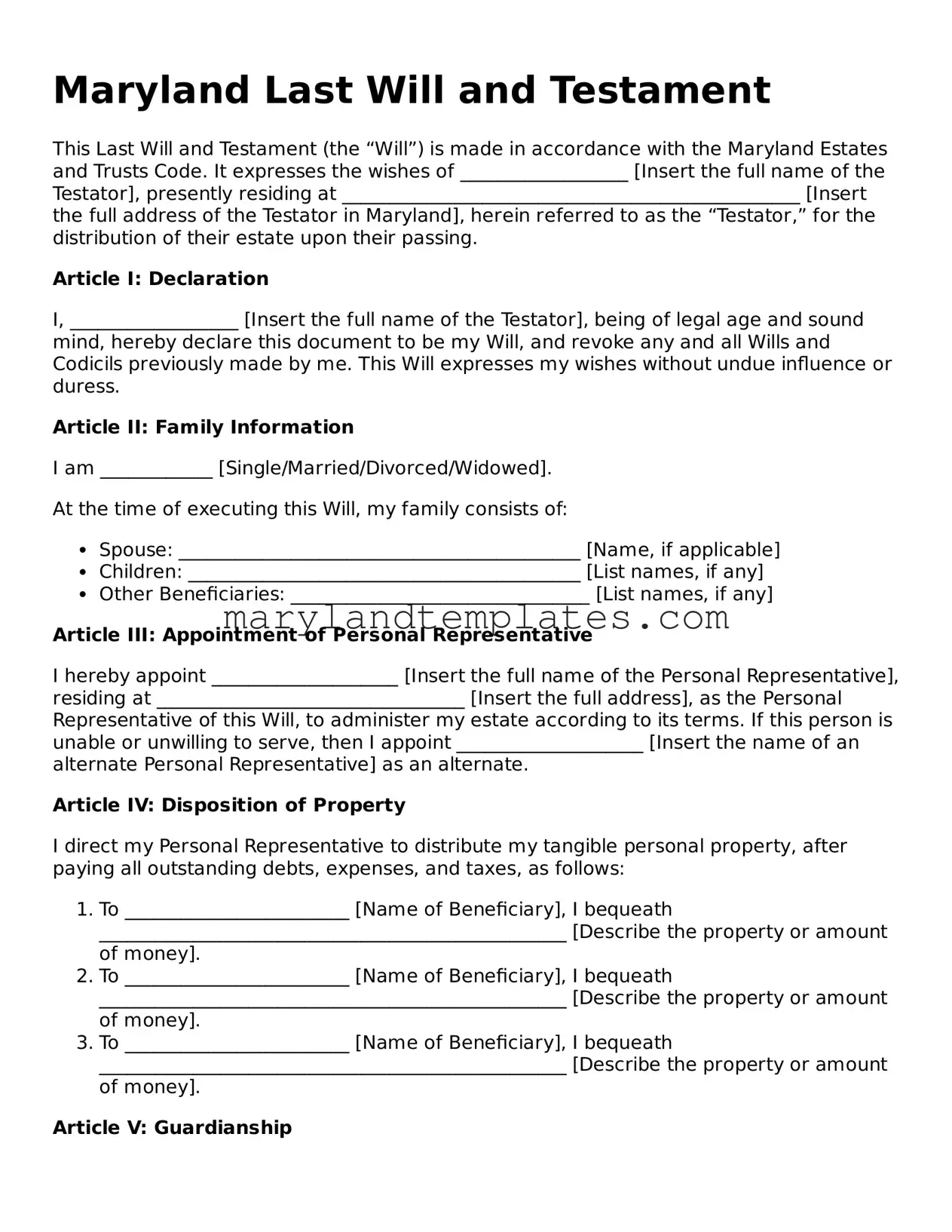 Fillable Maryland Last Will and Testament Template