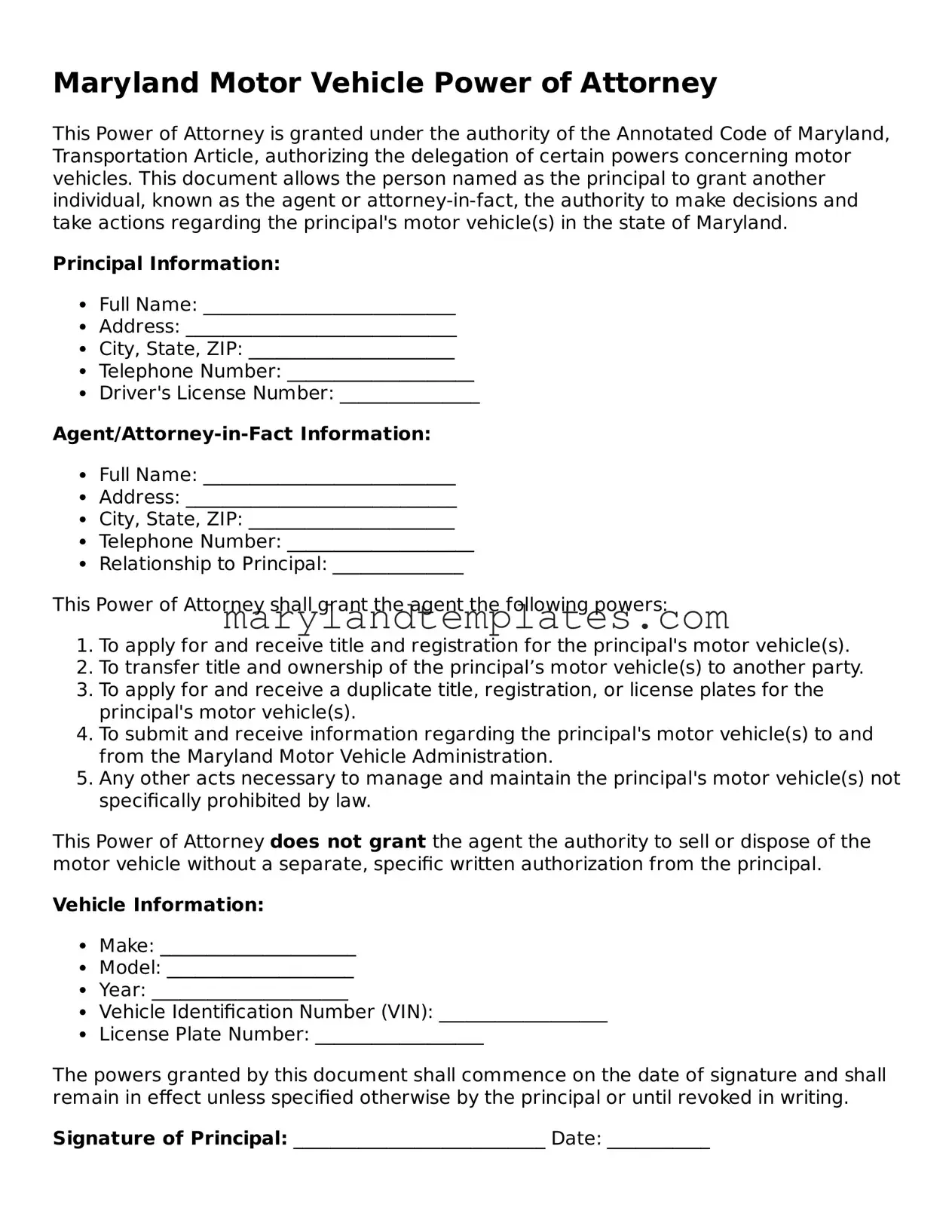 Fillable Maryland Motor Vehicle Power of Attorney Template