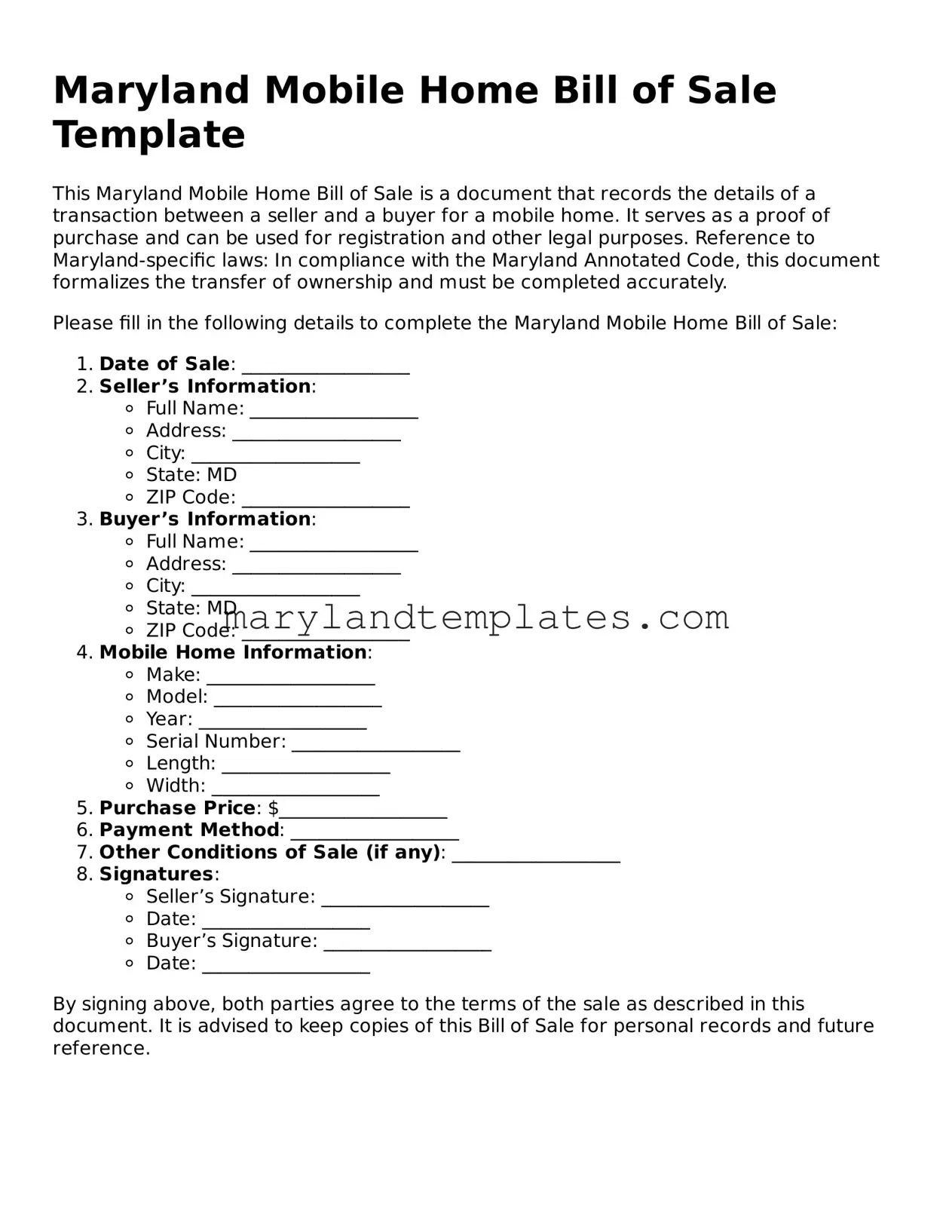 Fillable Maryland Mobile Home Bill of Sale Template