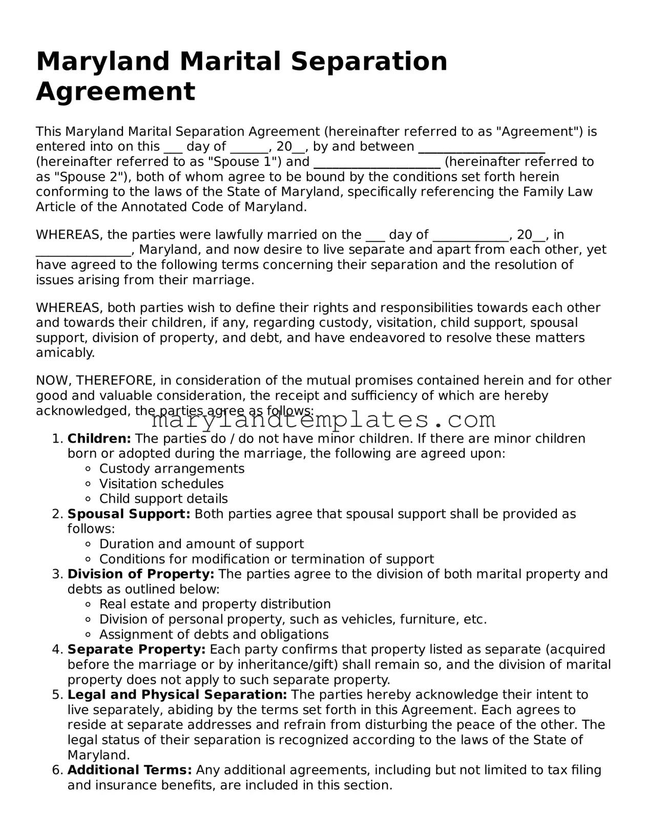 Fillable Maryland Marital Separation Agreement Template