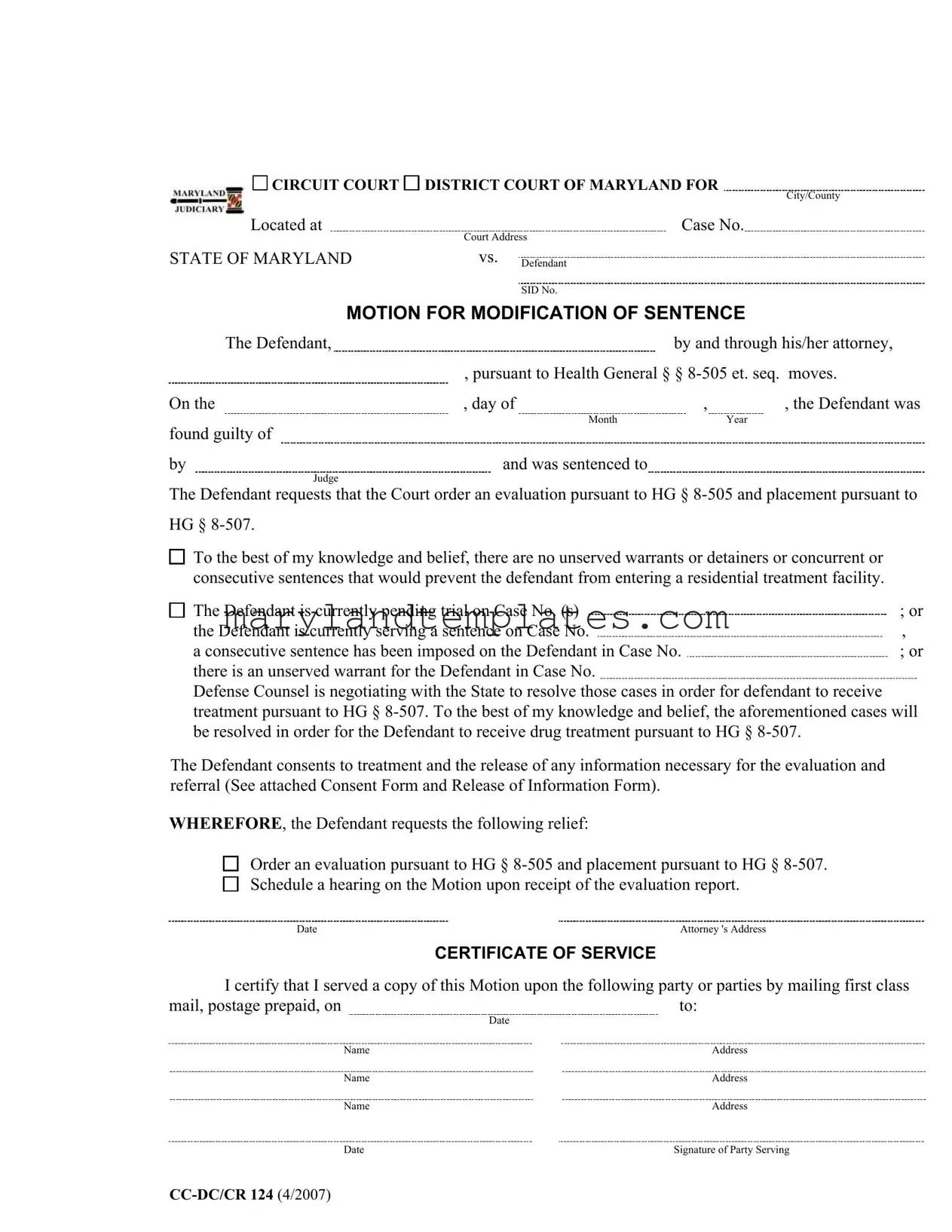 Printable Maryland Modification Sentence Template