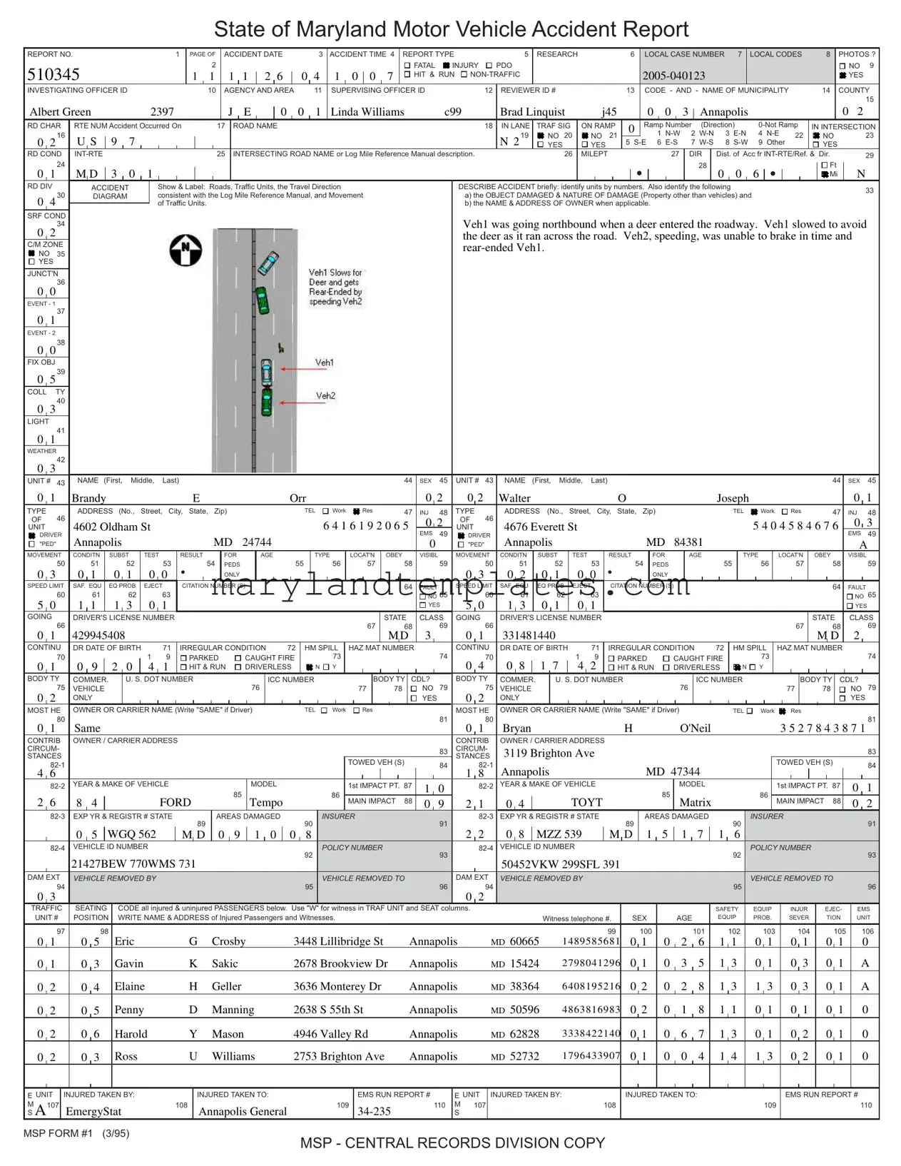 Printable Maryland Motor Vehicle Accident Report Template