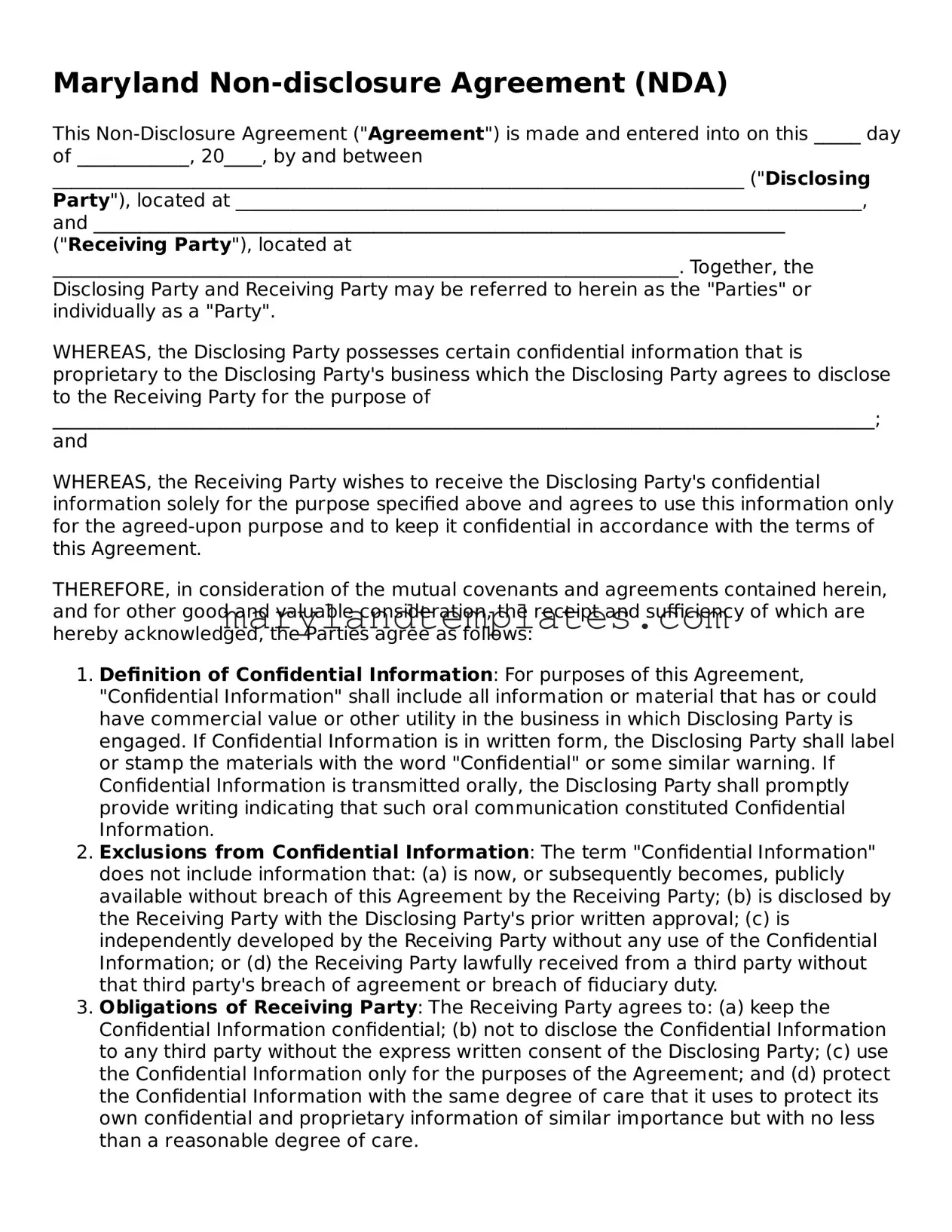 Fillable Maryland Non-disclosure Agreement Template