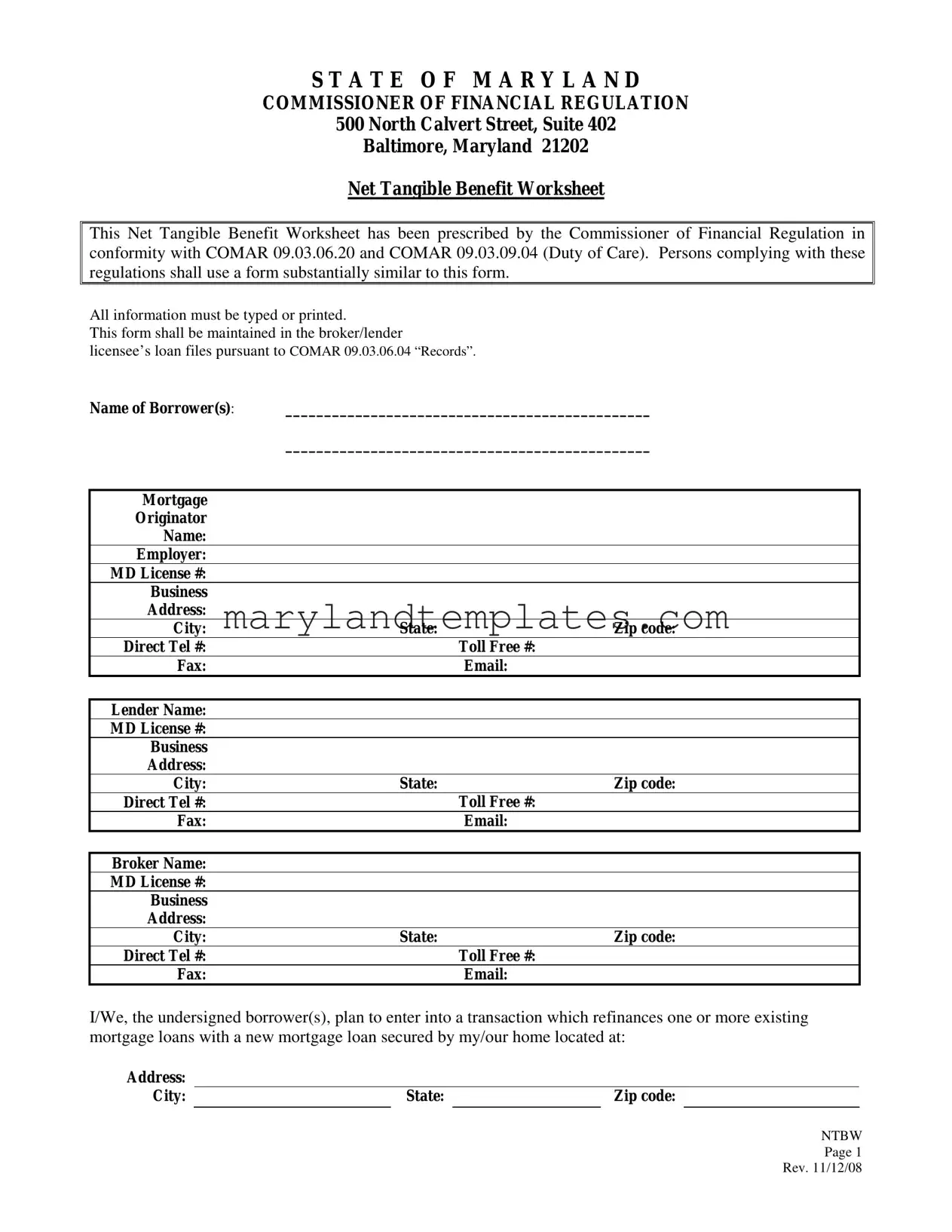 Printable Maryland Net Tangible Benefit Worksheet Template