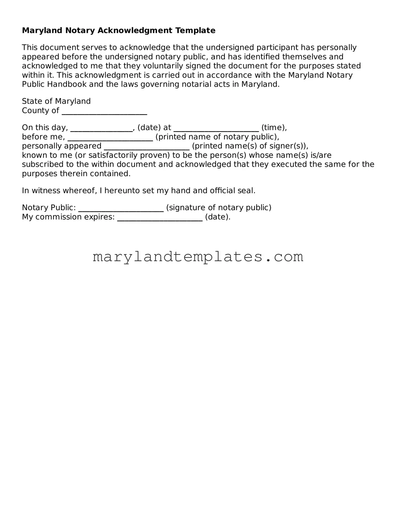 Fillable Maryland Notary Acknowledgement Template