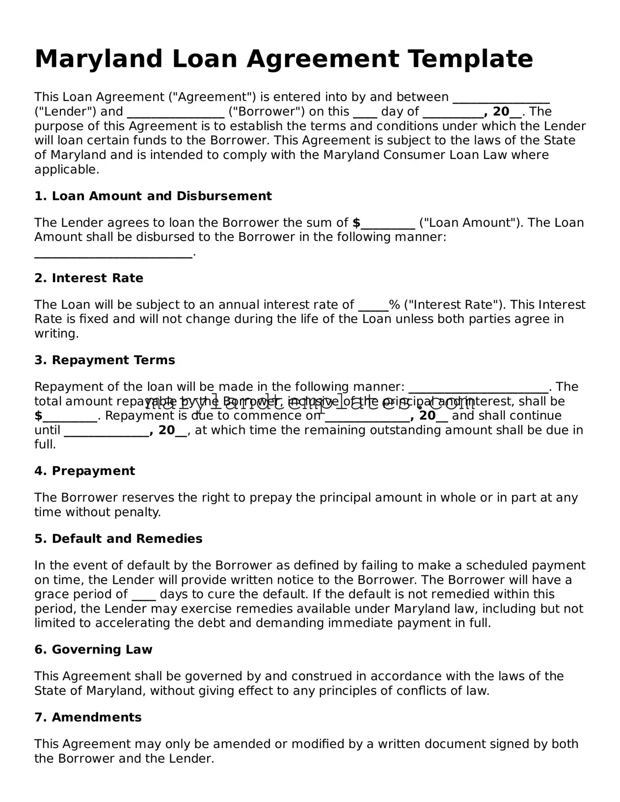 Fillable Maryland Loan Agreement Template