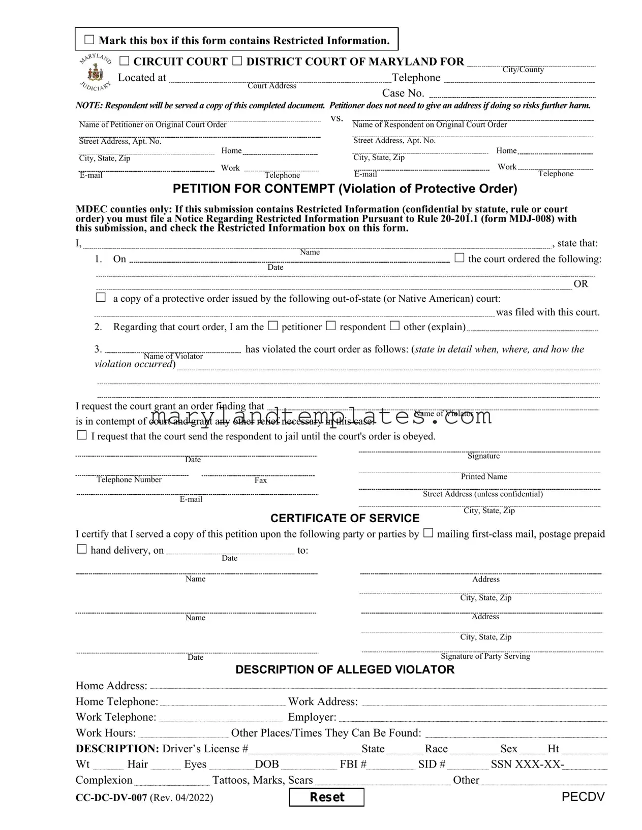 Printable Maryland Petition For Contempt Template