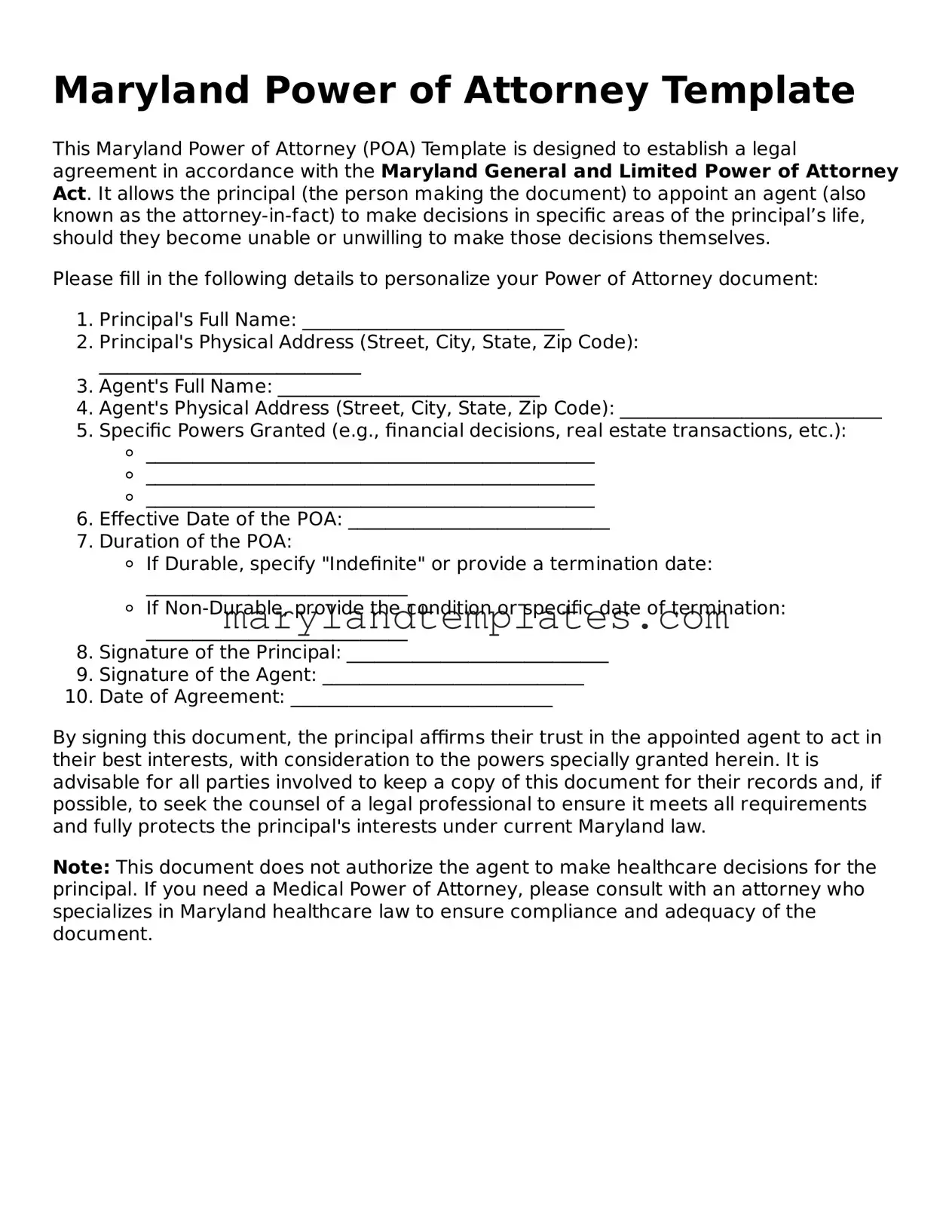 Fillable Maryland Power of Attorney Template