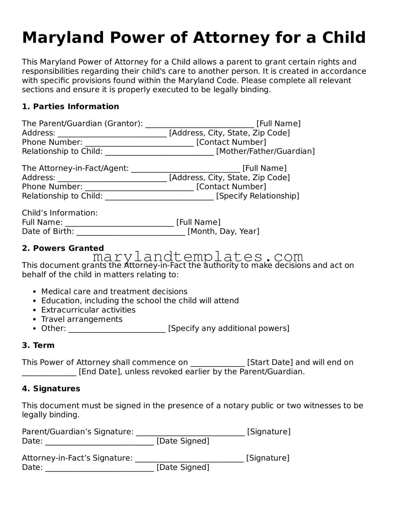 Fillable Maryland Power of Attorney for a Child Template