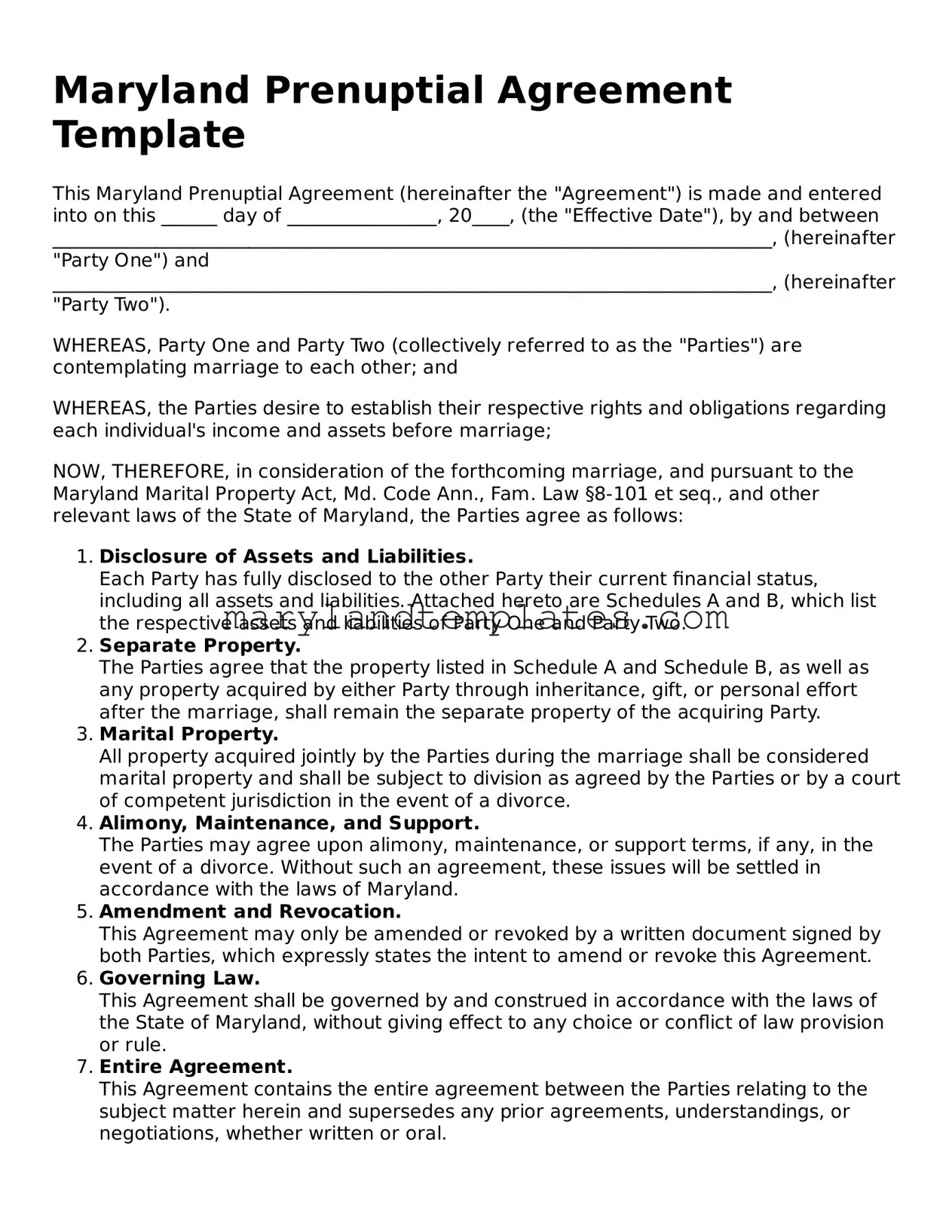 Fillable Maryland Prenuptial Agreement Template