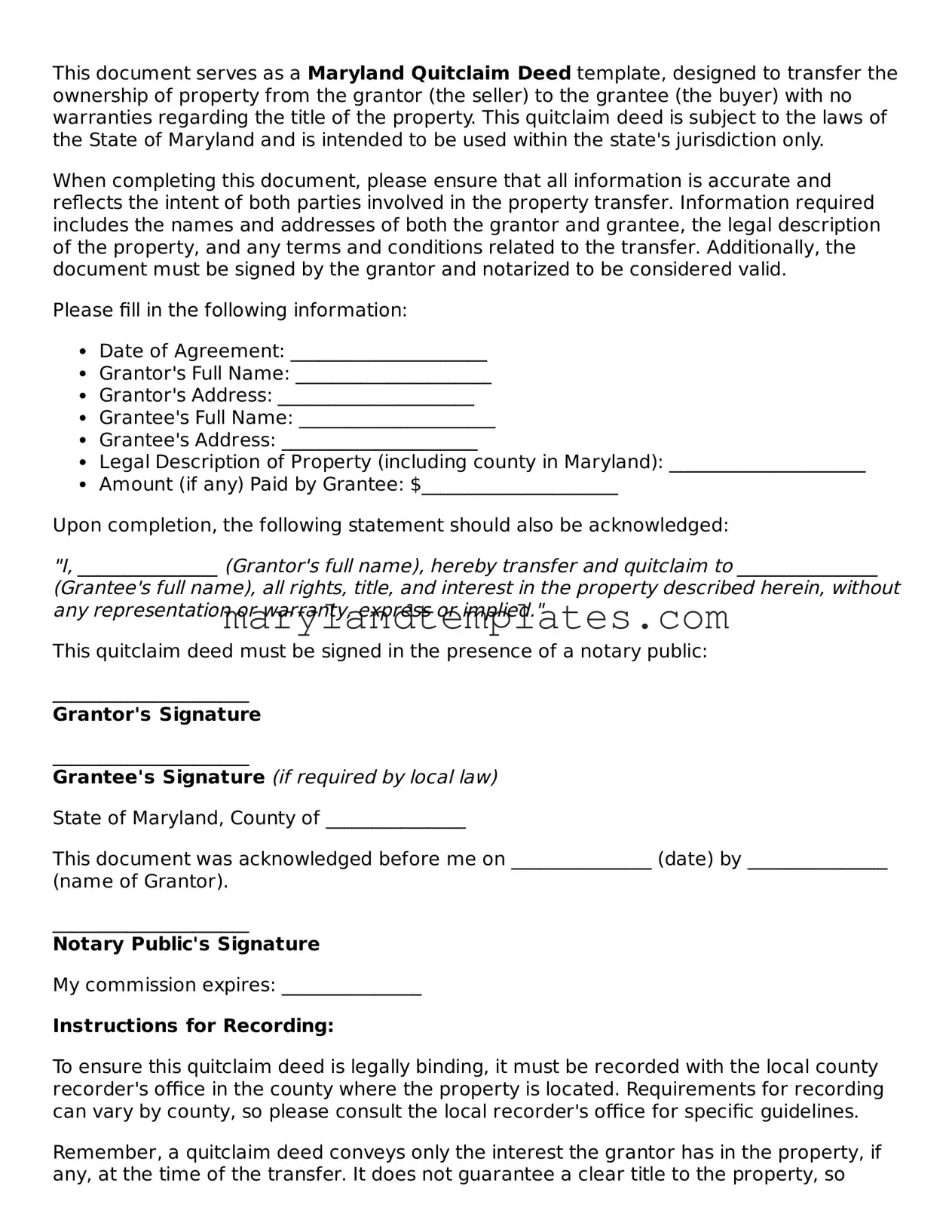 Fillable Maryland Quitclaim Deed Template
