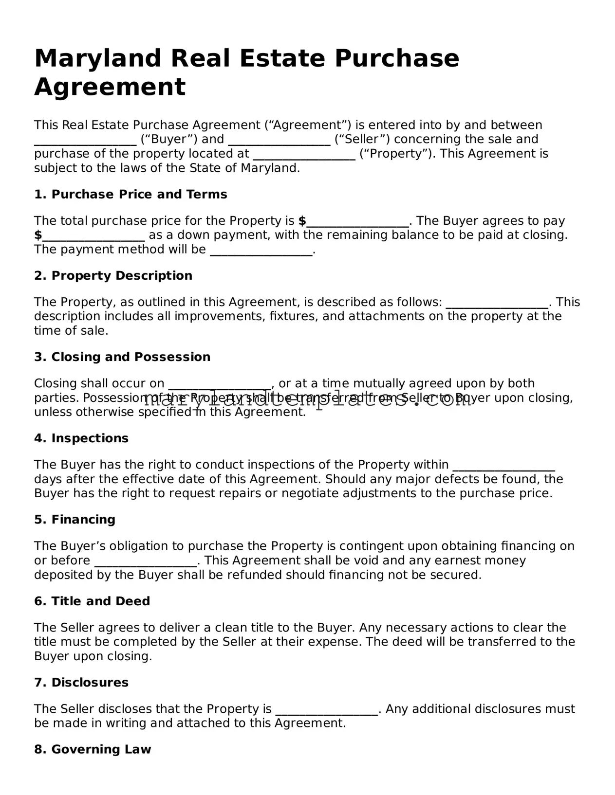 Fillable Maryland Real Estate Purchase Agreement Template