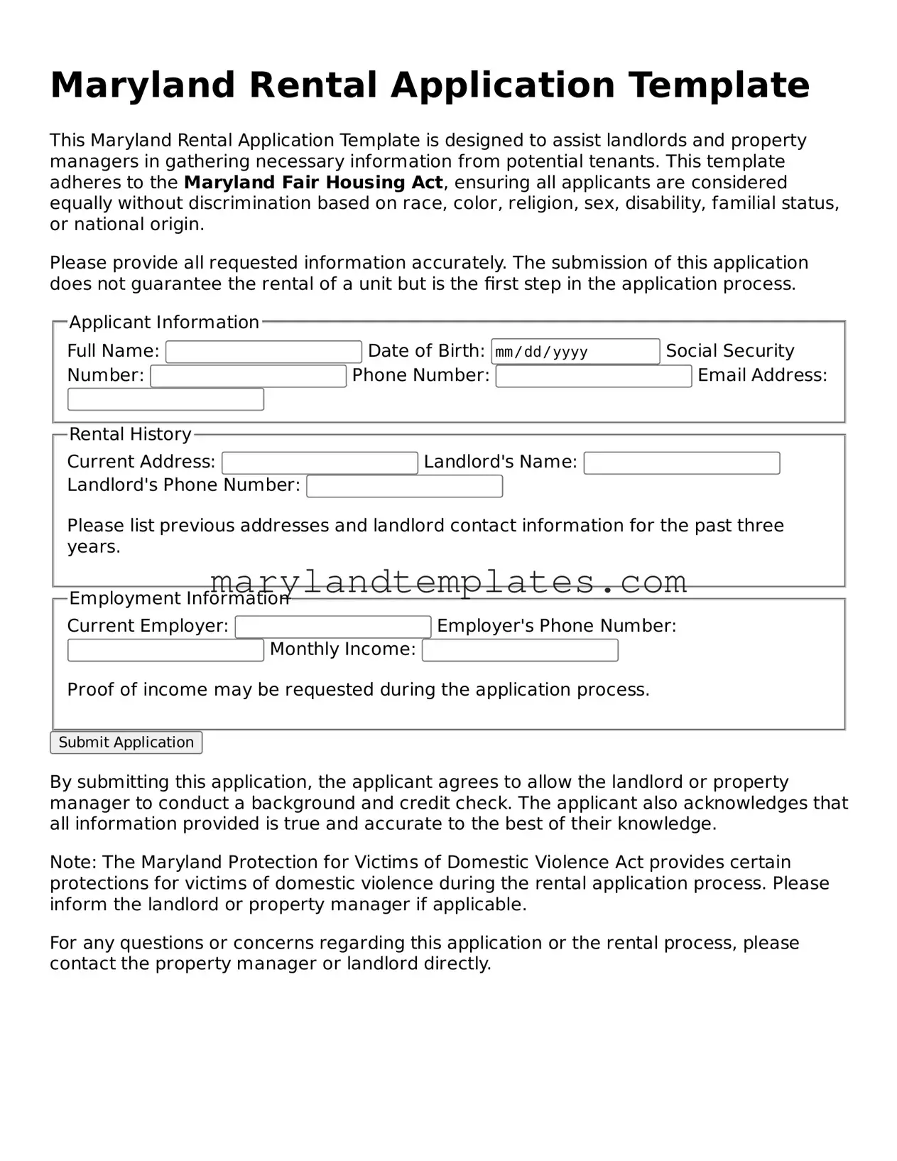 Fillable Maryland Rental Application Template