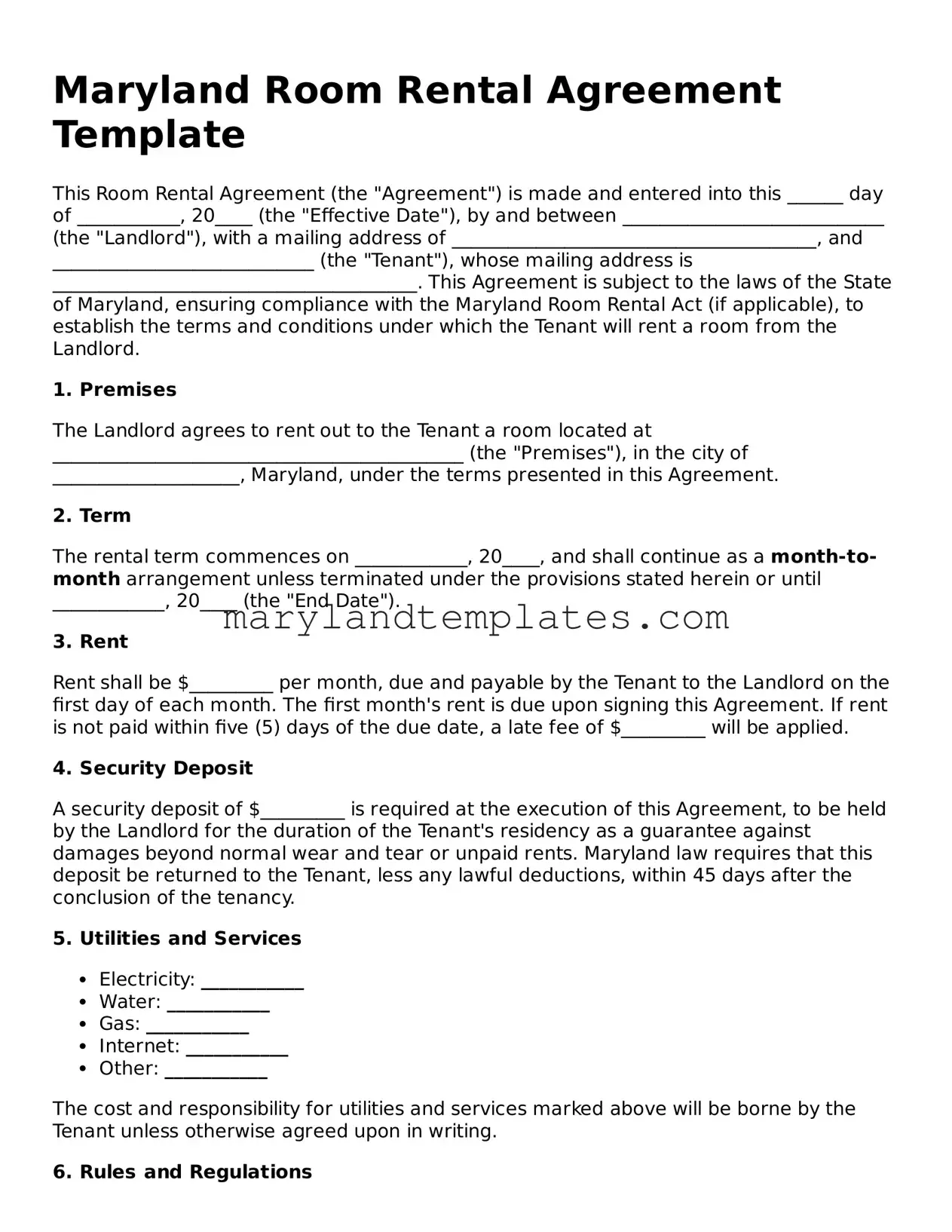 Fillable Maryland Room Rental Agreement Template