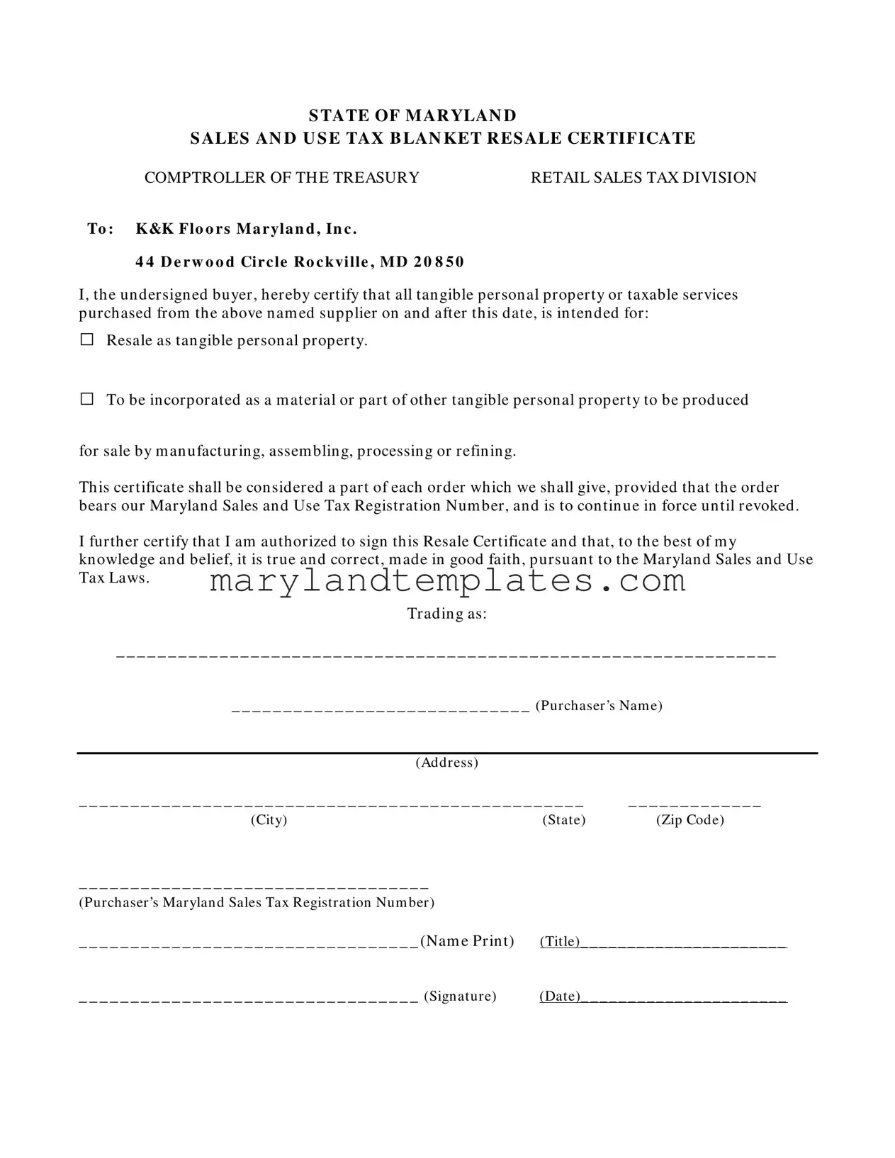 Printable Maryland Sales And Use Tax Resale Certificate Template