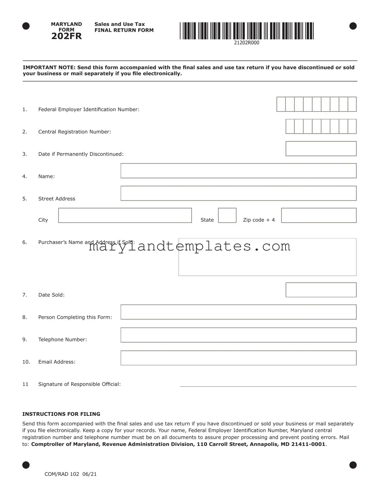 Printable Maryland Sales Use Tax 202 Template