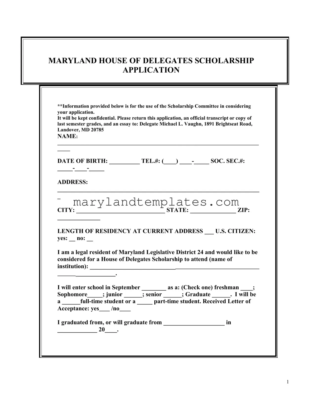 Printable Maryland Scholarship Application Template