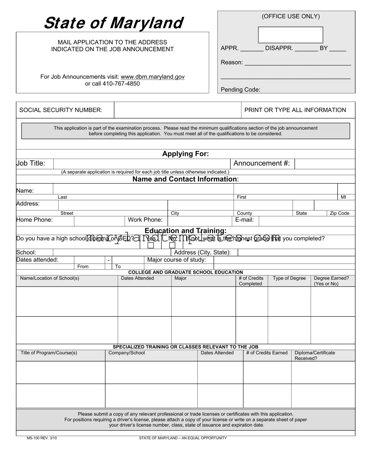 Printable Maryland State 100 Application Template