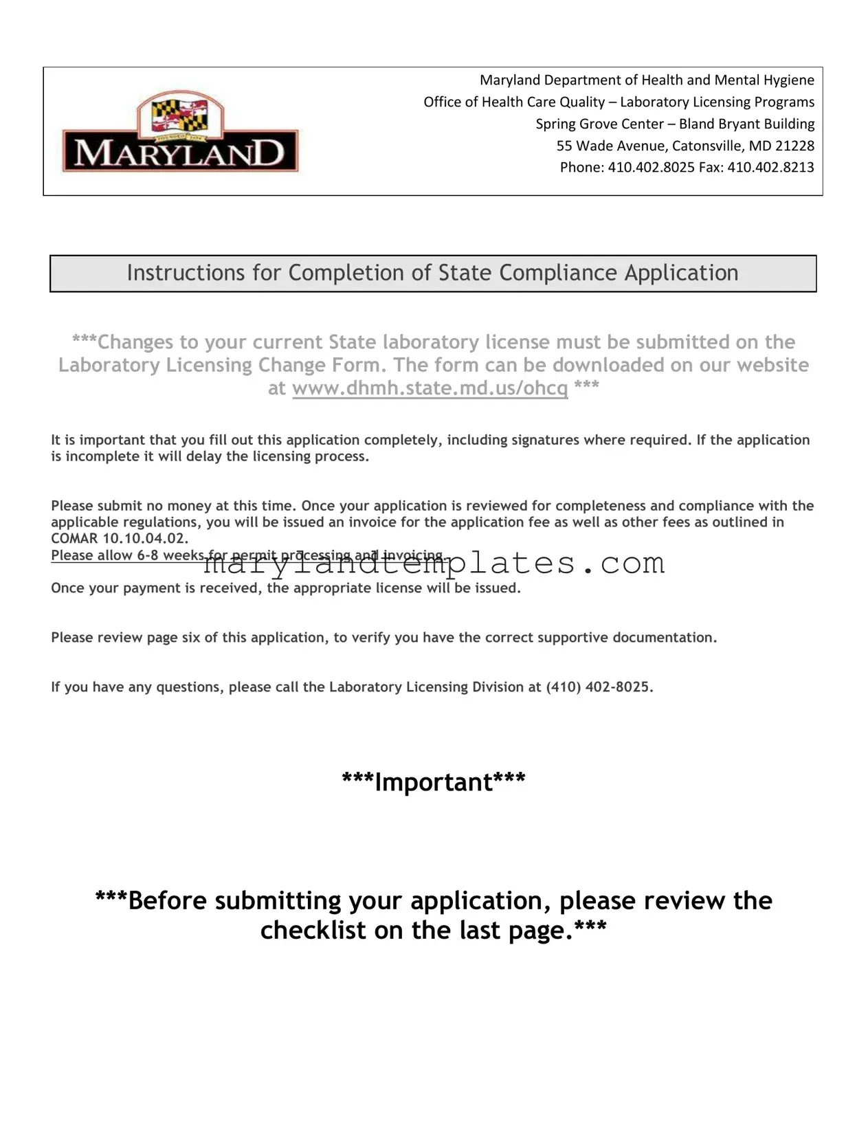 Printable Maryland State Compliance Application Template